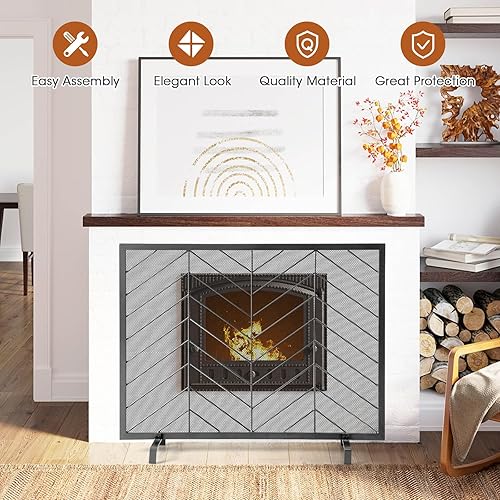 Miniatura 4 de Tangkula Pantalla de chimenea de un solo panel, protector de chispas de metal forjado, cubierta de chimenea de malla decorativa para sala de estar,