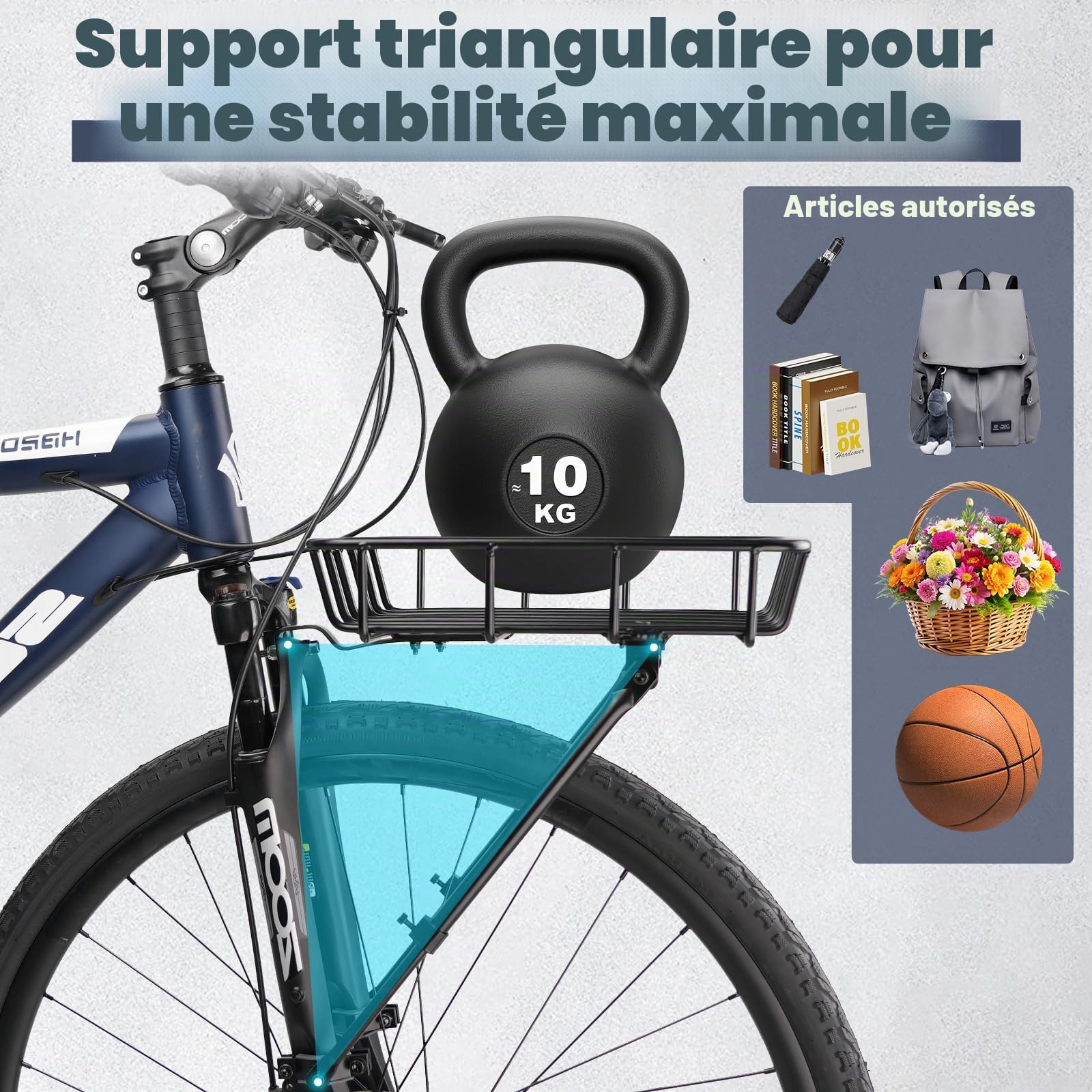 Panier de vélo avant - Panier avant de grande capacité, léger - Panier en aluminium solide avec entretoises de maintien - Réglable pour vélos de 26 à 29 pouces - Outils de montage et filet