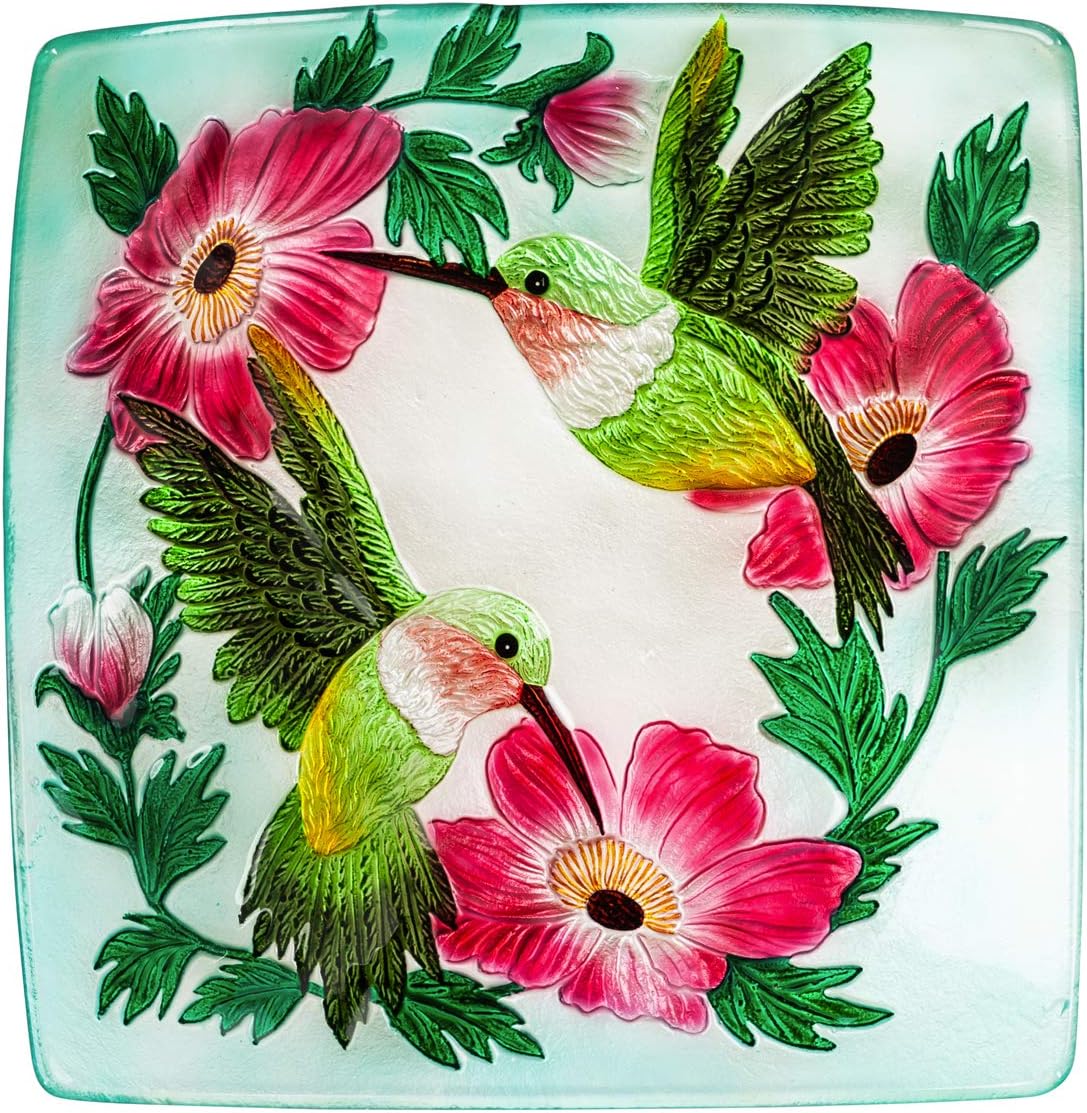 Evergreen Garden 16.5" Hand Painted Embossed Square Glass Bird Bath, Hummingbird Duo Garden Décor and Accessories for Home and Yard