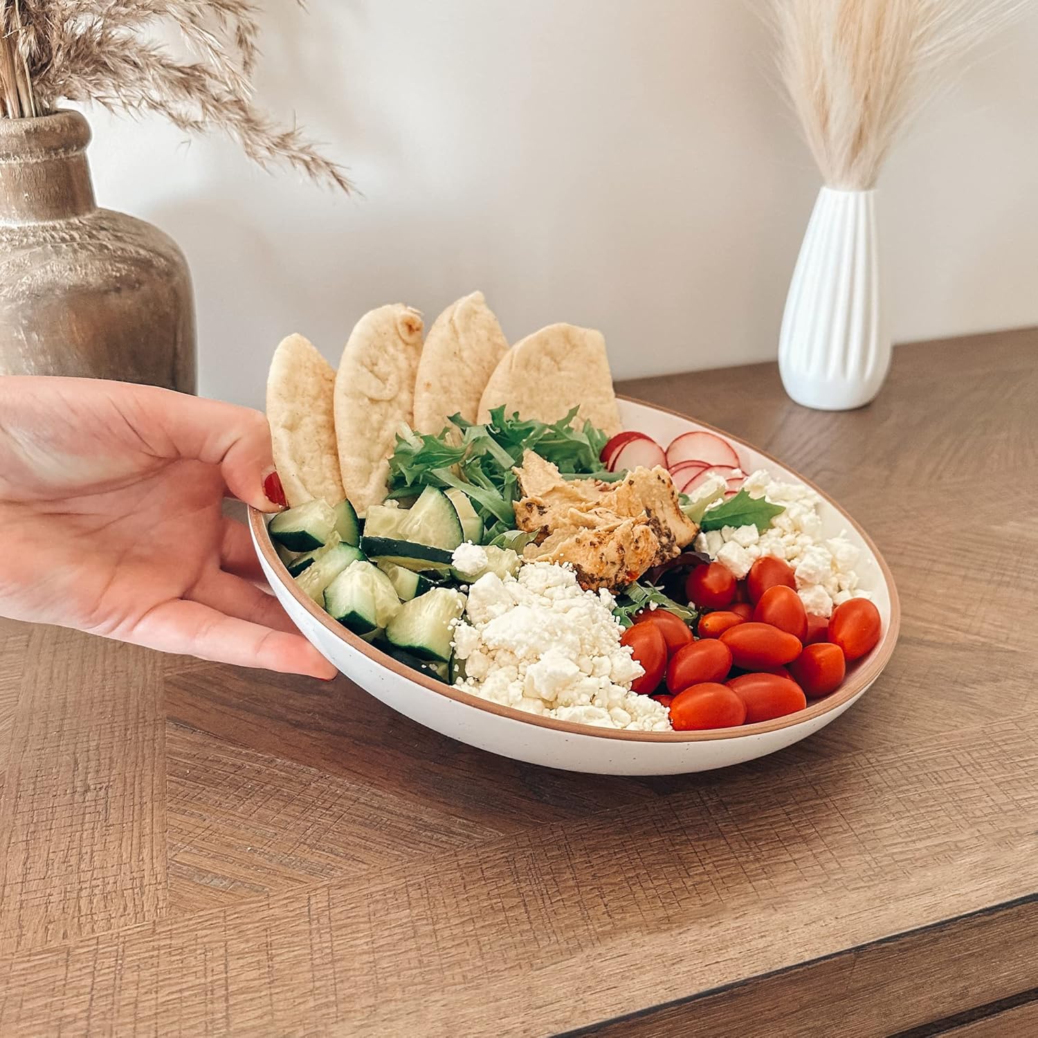 Mora Ceramic Large Pasta Bowls 30oz, Set of 4 - Serving, Salad, Dinner, etc Plate/Wide Bowl - Microwave, Oven, Dishwasher Safe Kitchen Dinnerware - Modern Porcelain Stoneware Dishes, Vanilla & Grey - Image 5