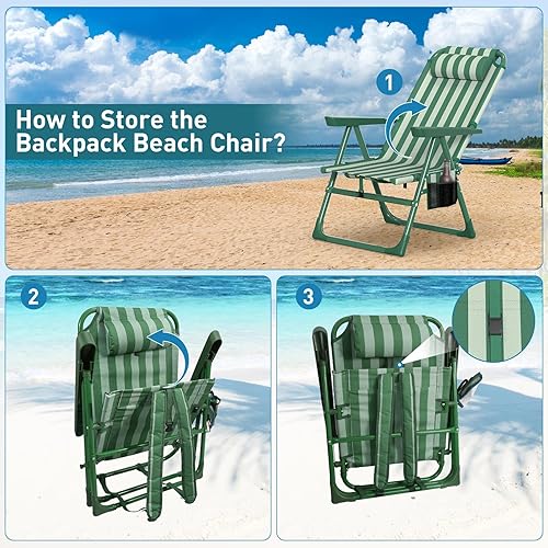 Miniatura 7 de Suteck Sillas de playa tipo mochila para adultos, paquete de 2, silla reclinable plegable de 6 posiciones con bolsa enfriadora y soporte para tazas,