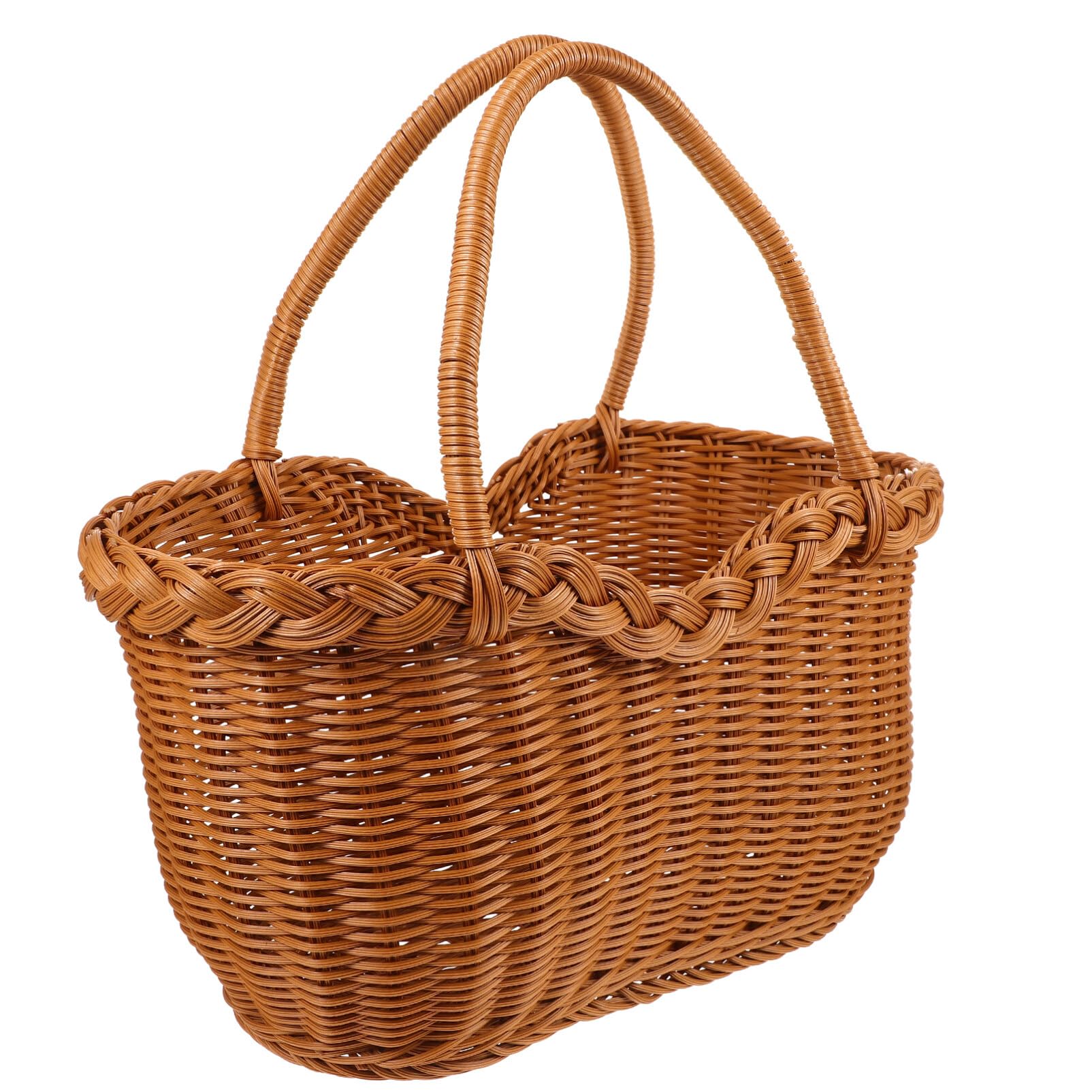 POPETPOP Wicker Basket with Handle Rattan Flower Basket Wedding Flower Girl Basket Hand Woven Tote Handbag for Outdoor Camping Picnic Supplies