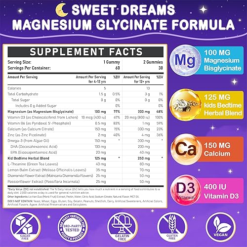 Miniatura 2 de Gomitas de glicinato de magnesio para niños mayores de 4 años gomitas de bisglicinato de magnesio sin azúcar con manzanilla, L-teanina, bálsamo de