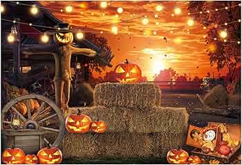 Funnytree 7x5FT Halloween Photography Backdrop Hallowmas Eve Gloomy Devil Pumpkin Scarecrow Background Horrible Scary Nightmare Party Banner Dress Up Decor Favors Gifts Photobooth Props
