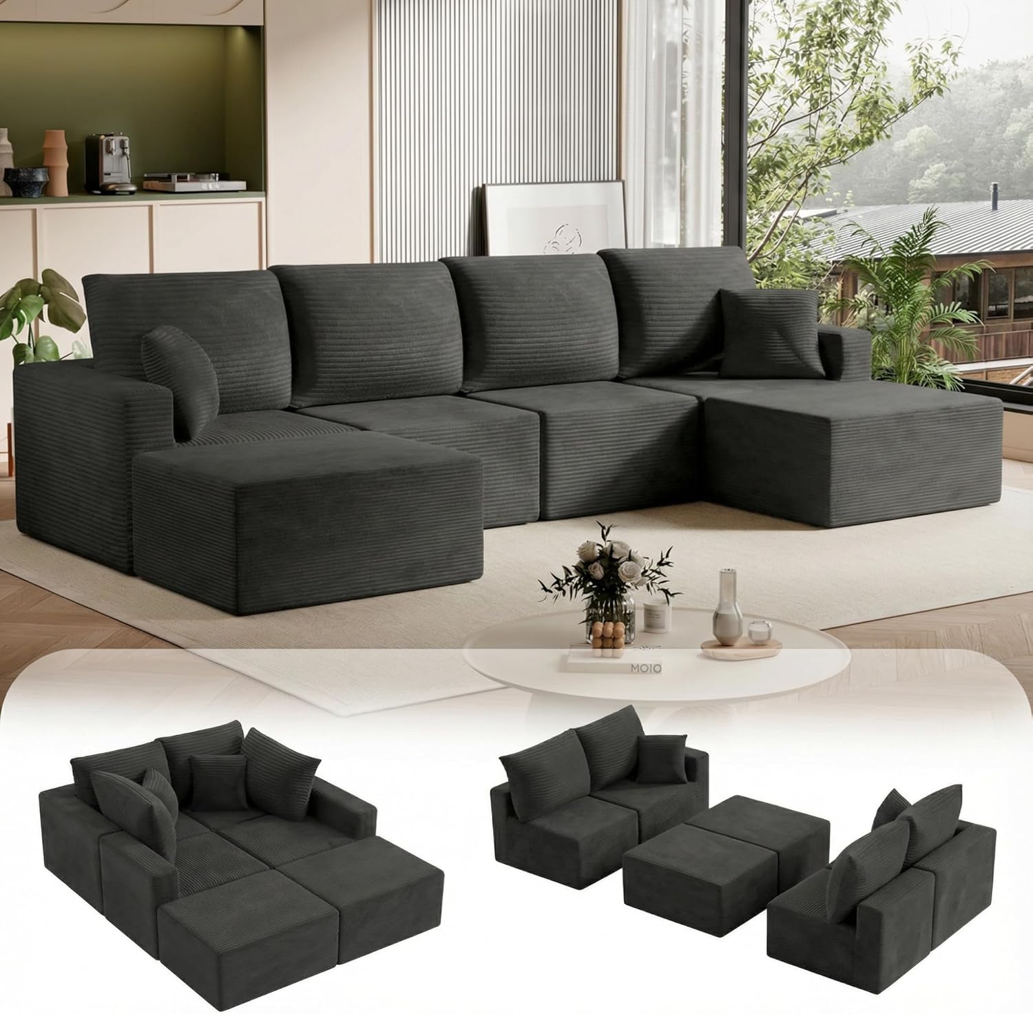 Homall 126" Sectional Couches for Living Room, Modern Fabric Boneless Couch with Deep Seat, Upholstered Cloud Sofa with 2 Ottoman, No Assembly Required (Black, U Shaped Sofa)