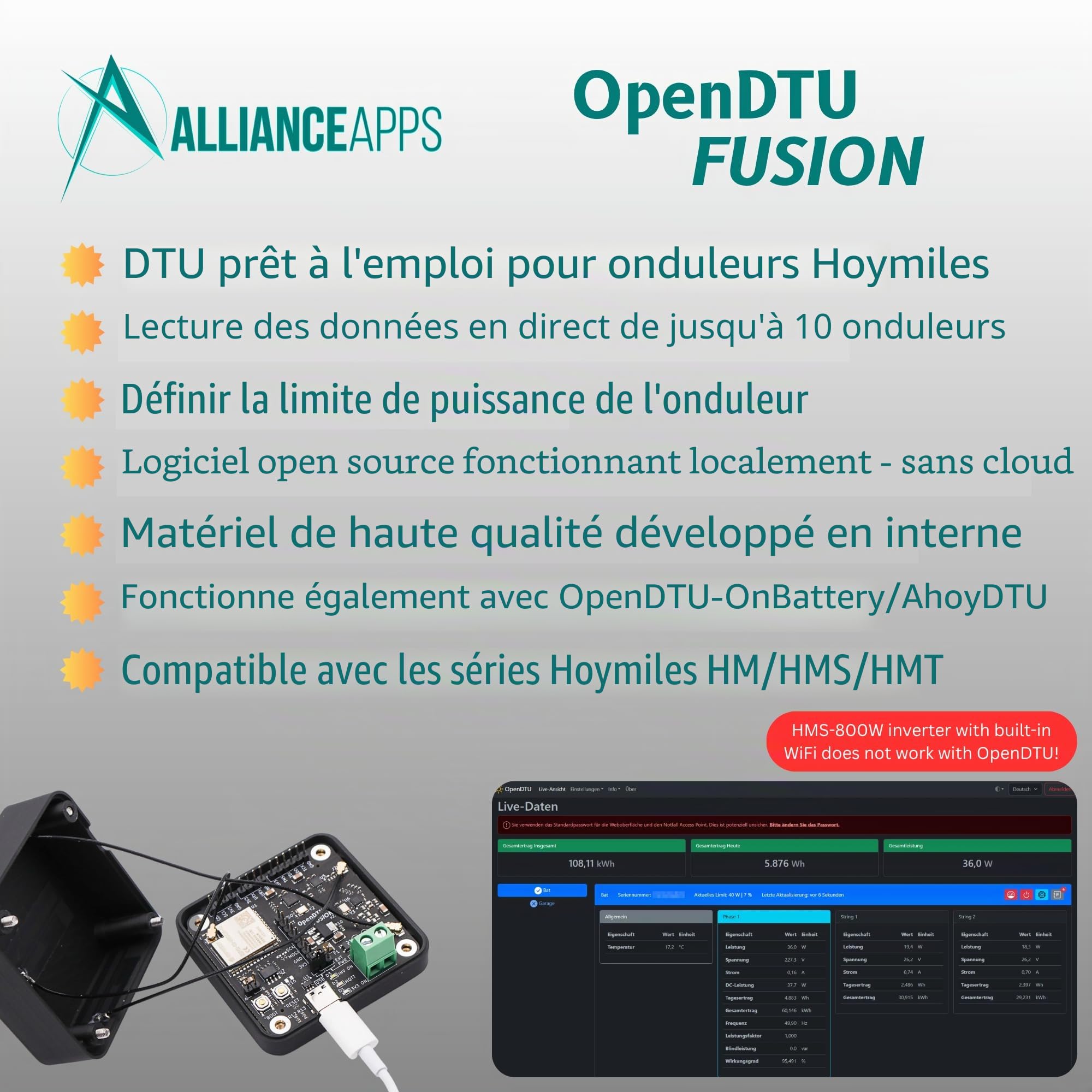 OpenDTU Fusion compatible avec les onduleurs Hoymiles pour la série HM/HMS/HMT - Lecture de la centrale électrique de balcon - USB-C, ESP32-S3, NRF24L01+, CMT2300A, antennes internes