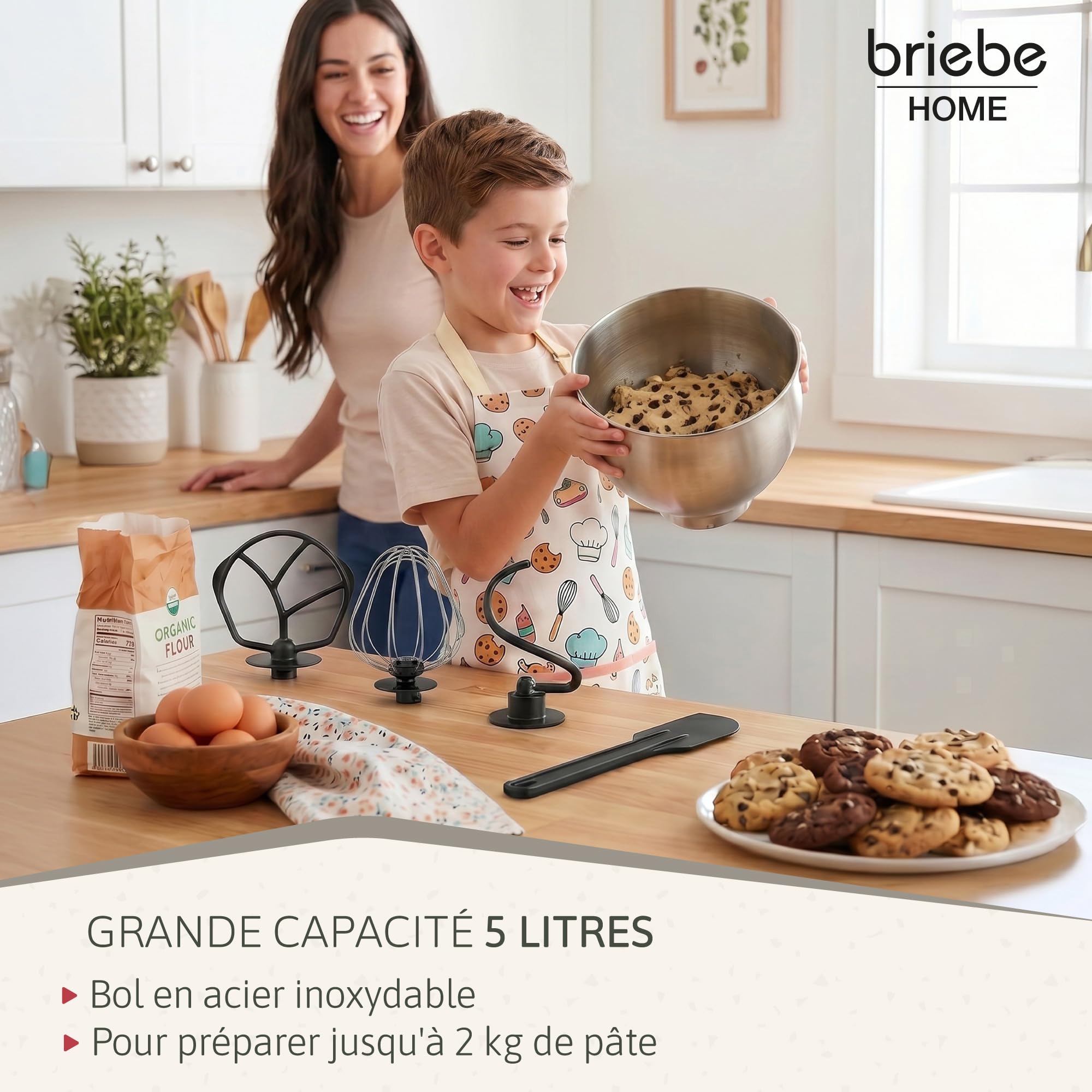 briebe Robot Pâtissier Professionnel, Boulangerie 1800W MAX Cuisine Ménager Multifonction Mouvement Orbital, Fouet, Bol 5 L, 6 Vitesses + Fonction Pulse, Inox KM1114