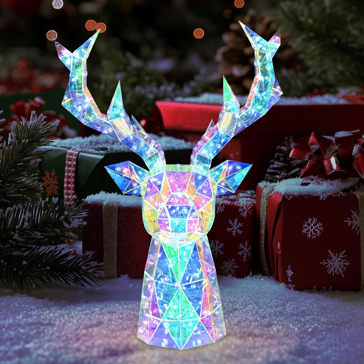 ASAMASA Deer Head Decoration is Made of Unique PET and Rainbow Film Materials, Featuring Magical 3D Prisms and Colorful Refractive Effects. Ideal Decor for Holidays Such as Christmas Etc