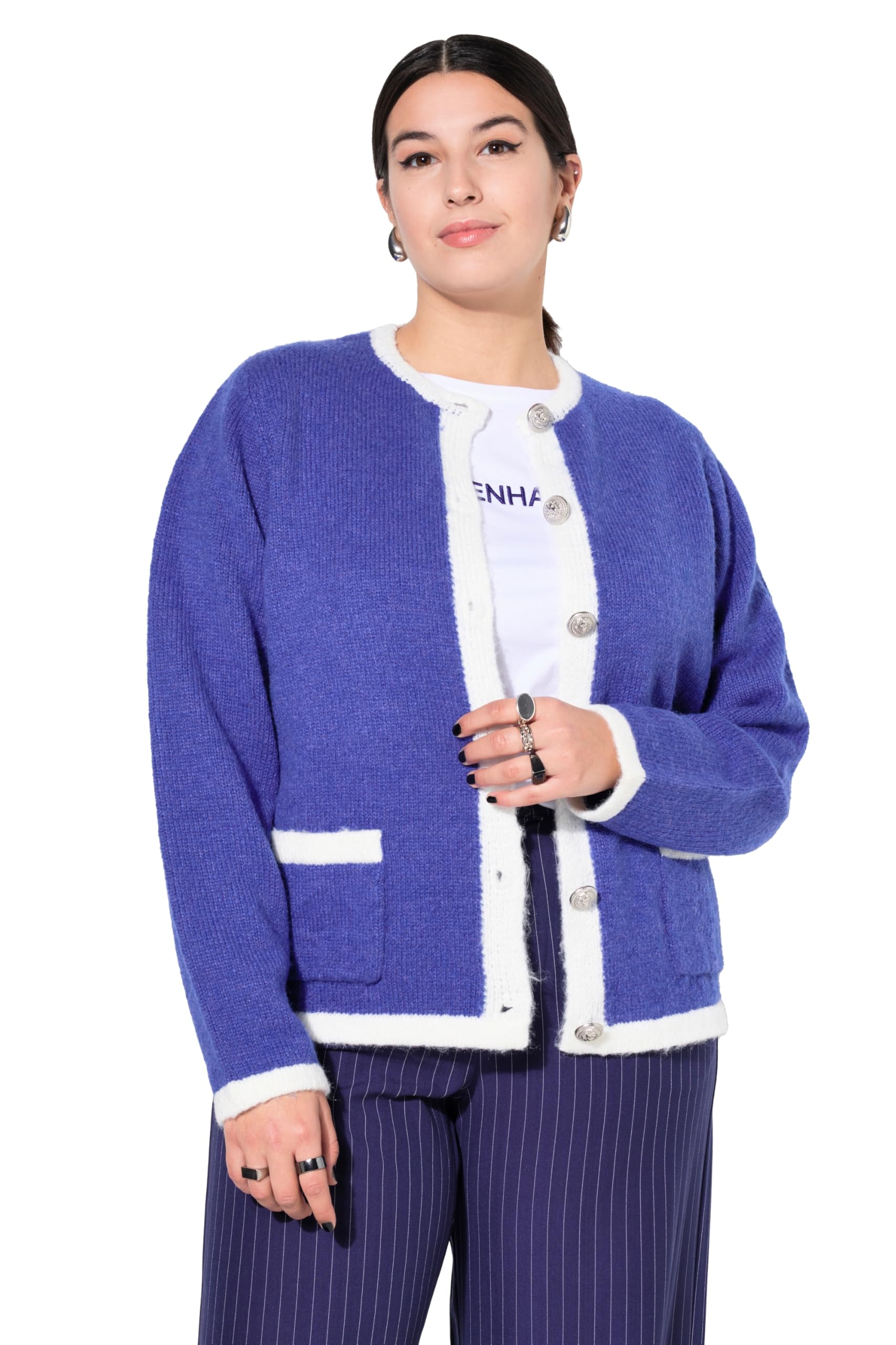 Studio Untold Damen große Größen Übergrößen Plus Size Strickjacke, Loose Shape, farbige Kanten 837825