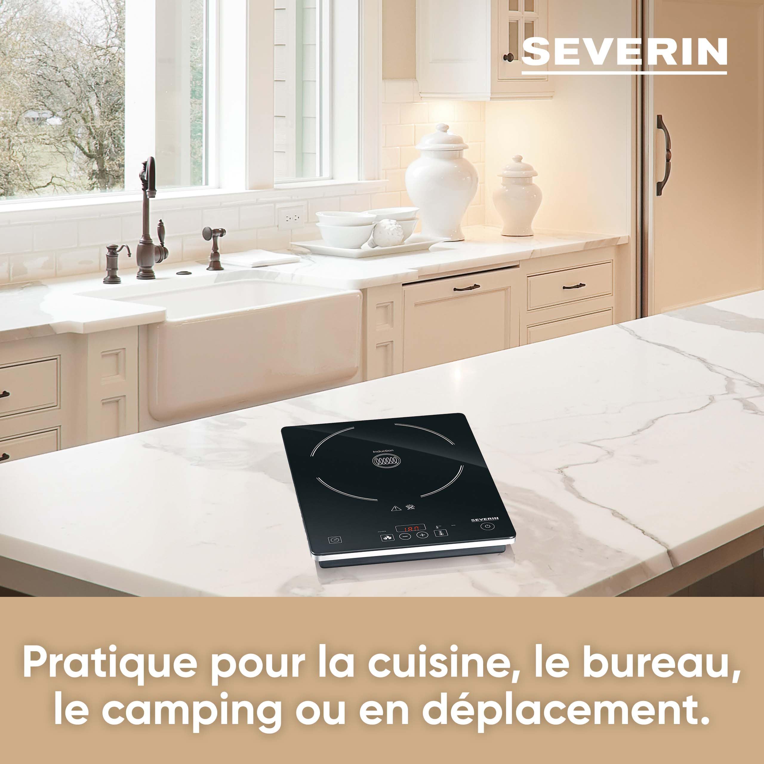 SEVERIN Plaque à induction 2 000 W, Plaque de cuisine simple pour une cuisson rapide des aliments, Plaque en revêtement vitrocéramique avec thermostat réglable jusqu’à 240°C, noir, KP 1071