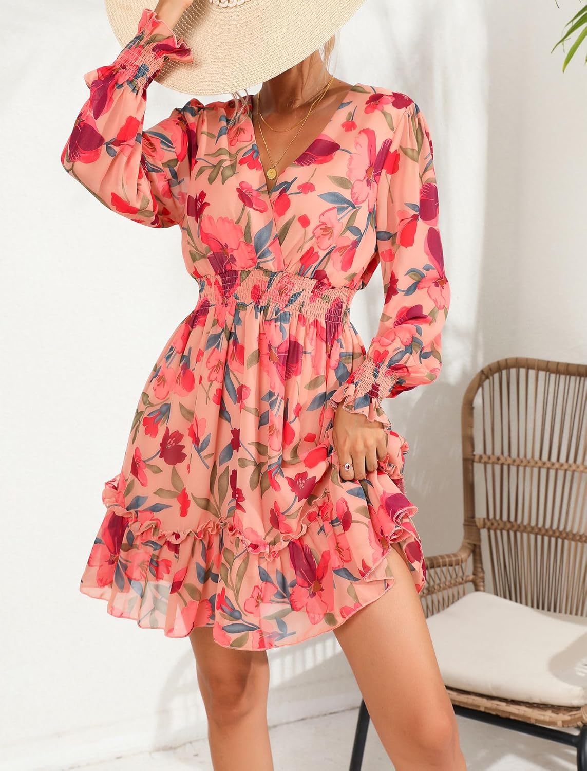 Prettywear Women's Floral Chiffon Long Sleeve Mini Dress Flowy A-Line Wrap Neck Tie Back Short Dress - Image 2