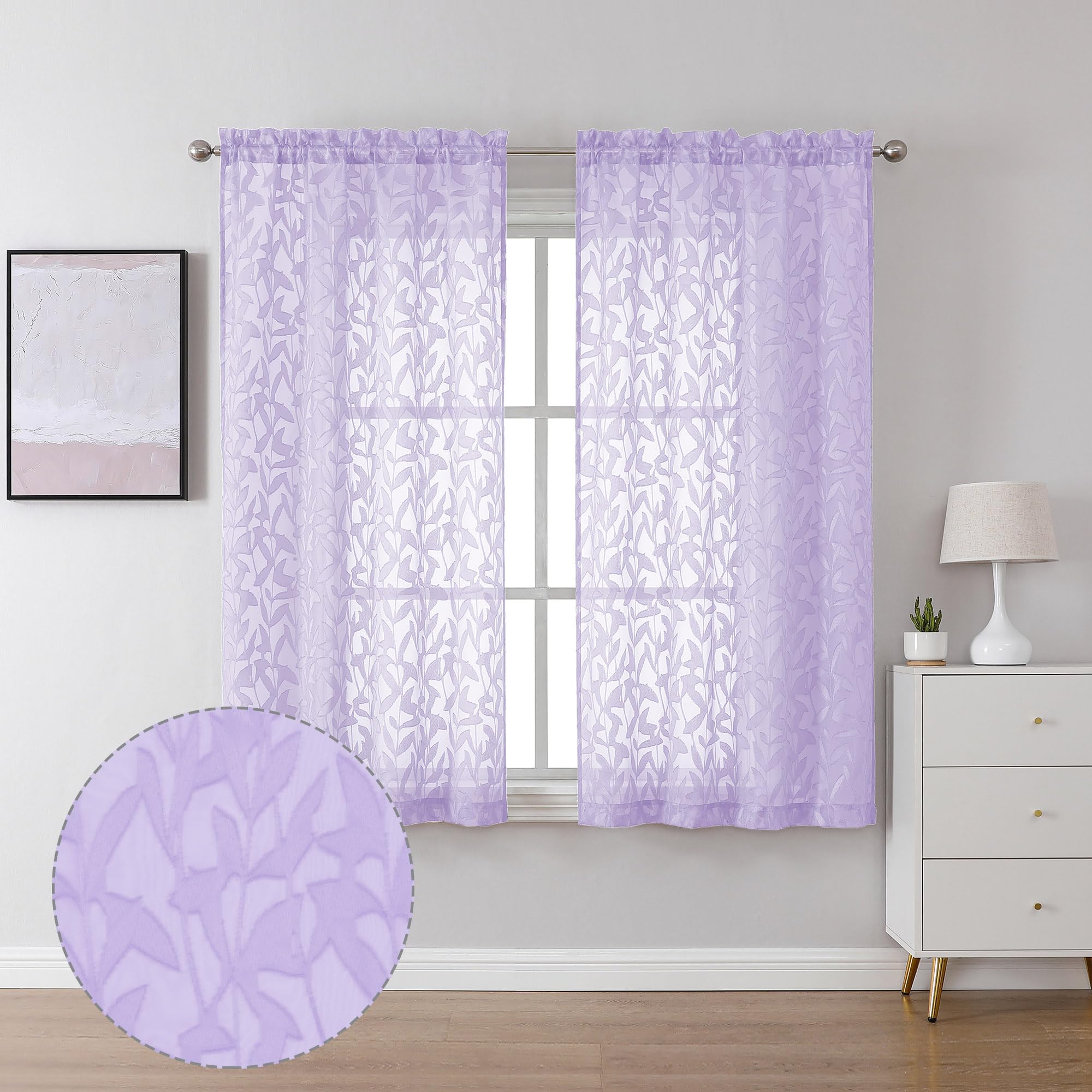 Lecloud Leia Light Purple Sheer Curtains 54 Inch Length 2 Panels, Light Reducing Jacquard Textured Leaf Voile Bedroom Drapes, Gauzy Clip Short Curtain Curtains with Dual Rod Pocket, 38x54 Inches