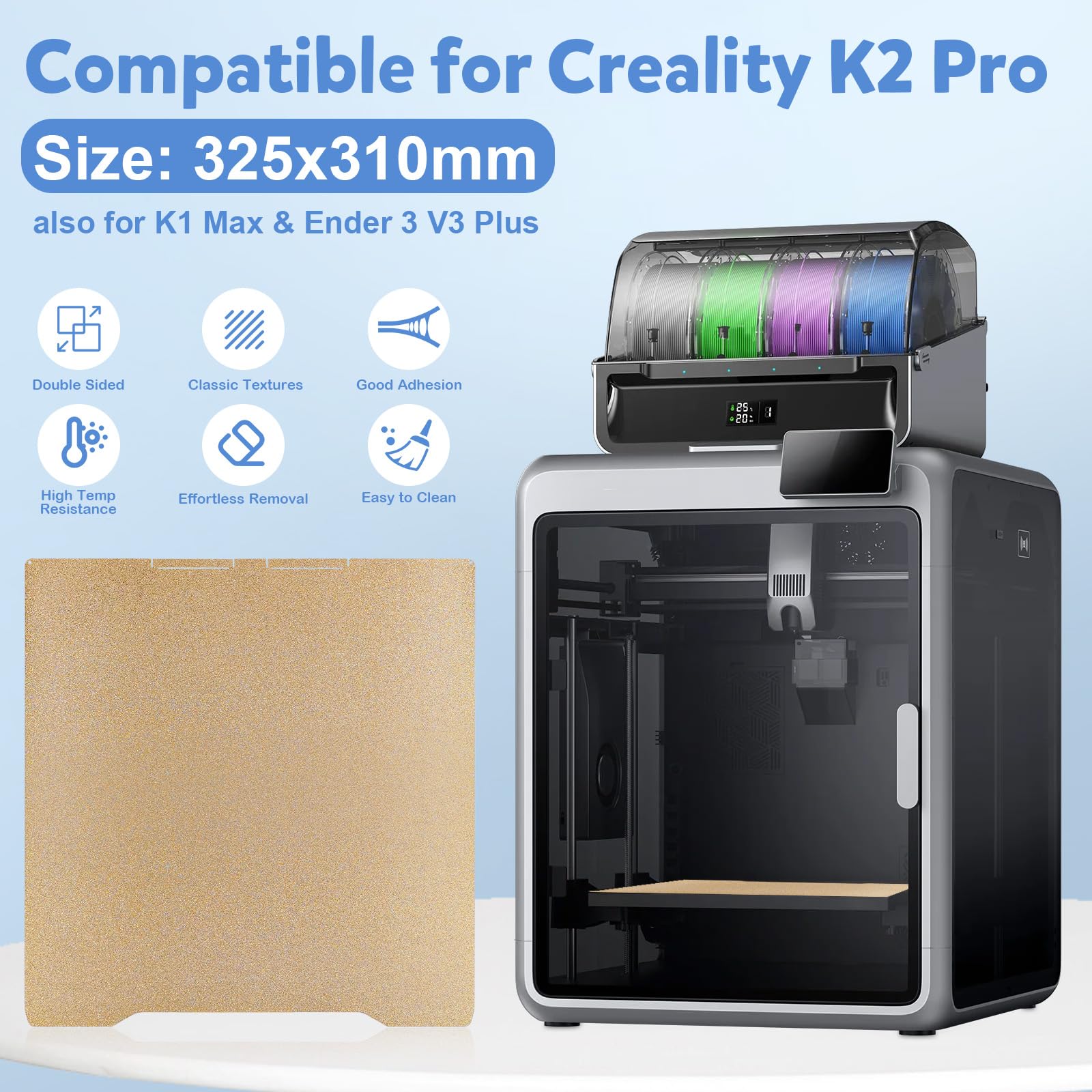K2 Pro PEI Build Plate per Creality 325 x 310 mm, PEI piastra di stampa bifacciale PEI Spring Steel per stampante 3D Creality K2 Pro
