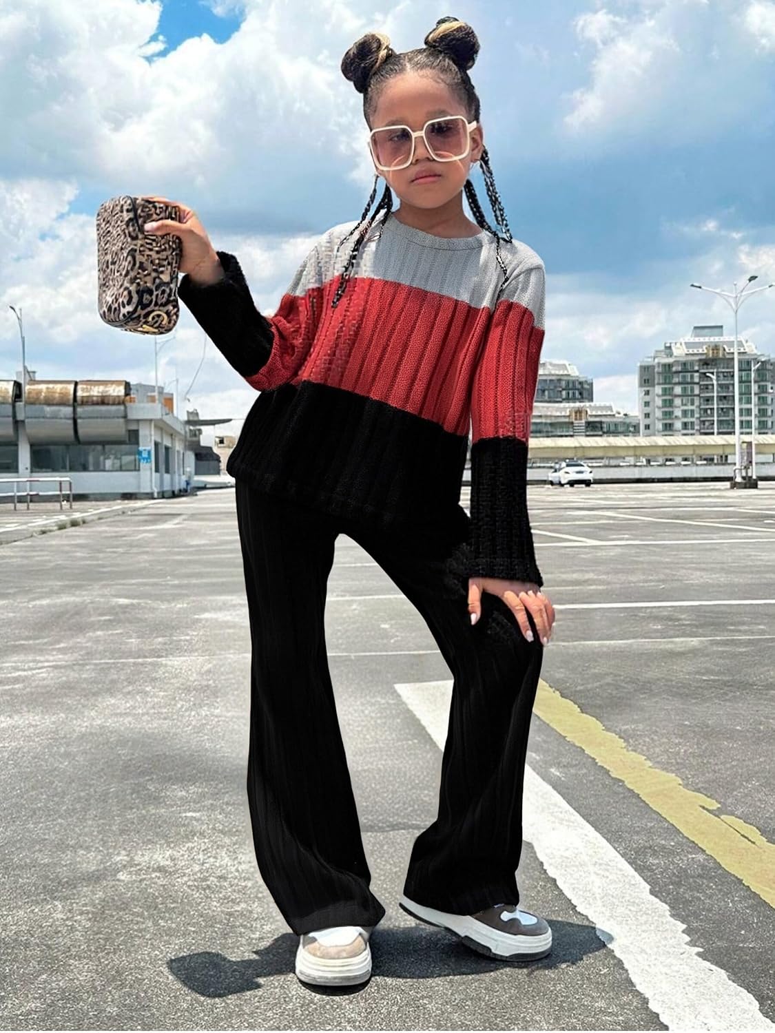 Toddler Girls Clothes Ribbed Color Block Pullover Tops + Flare Pants Set Fall Outfits - Image 3