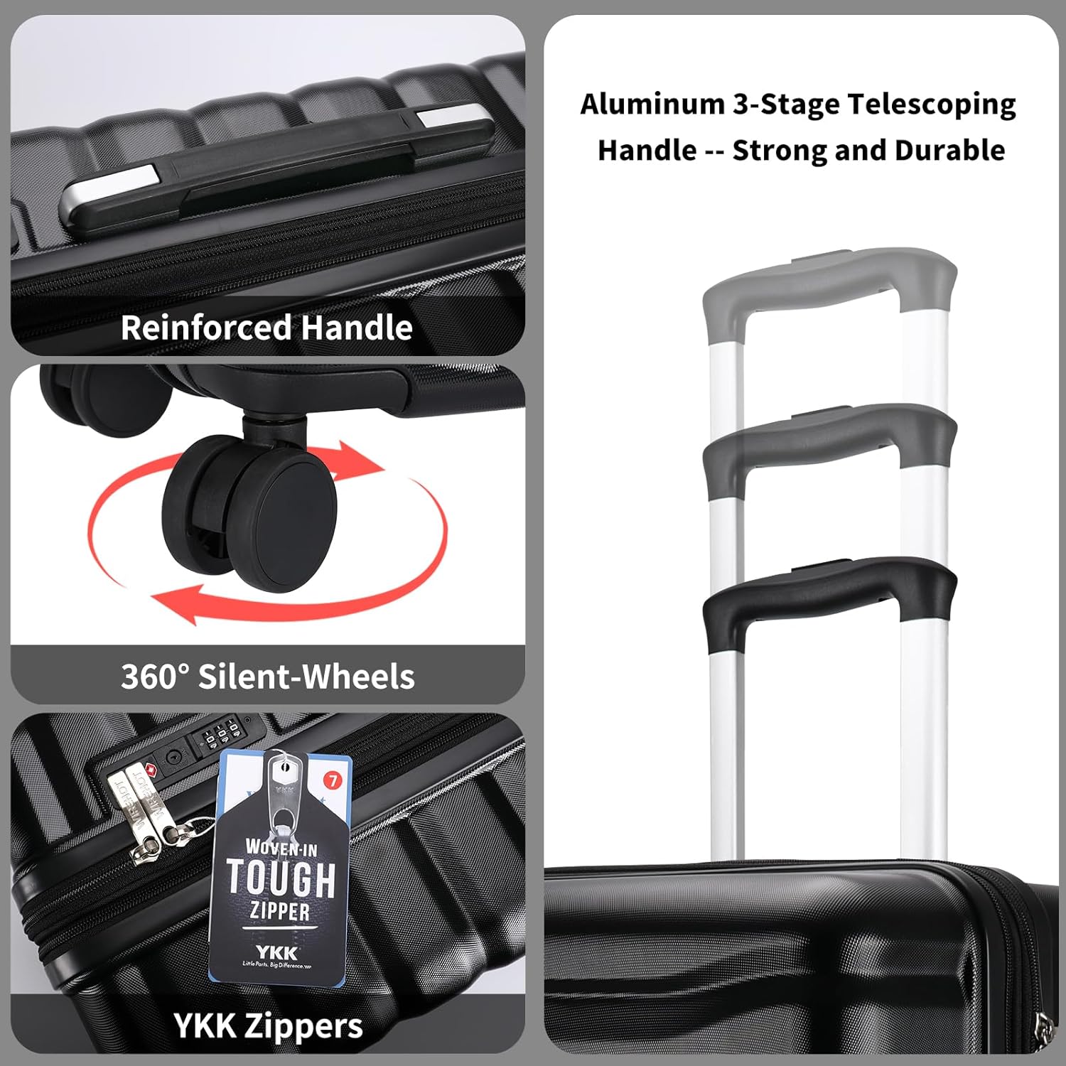 Lightweight Luggage with Spinner Wheels & YKK Zipper, Hard Shell 3-Piece Suitcase ABS+PC Hardside Luggage Set with TSA Lock for Men Travel, Black (20+24+28 inch) - Image 7
