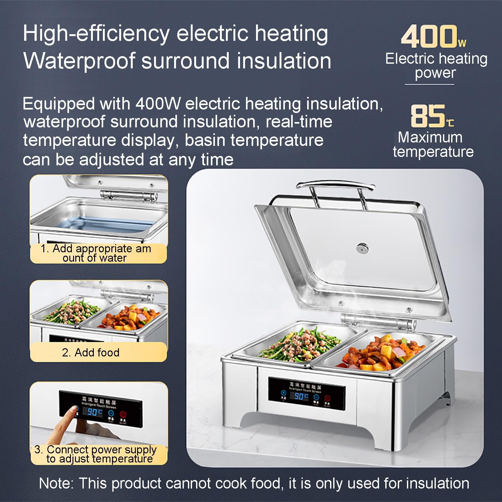 Elektrisches Chafing Dish Set, 9L Buffet Speisenwärmer mit einstellbarer Temperaturregelung, Edelstahl, Sichtbarer Deckel, Inklusive Wasserpfanne für Gastronomie und Events