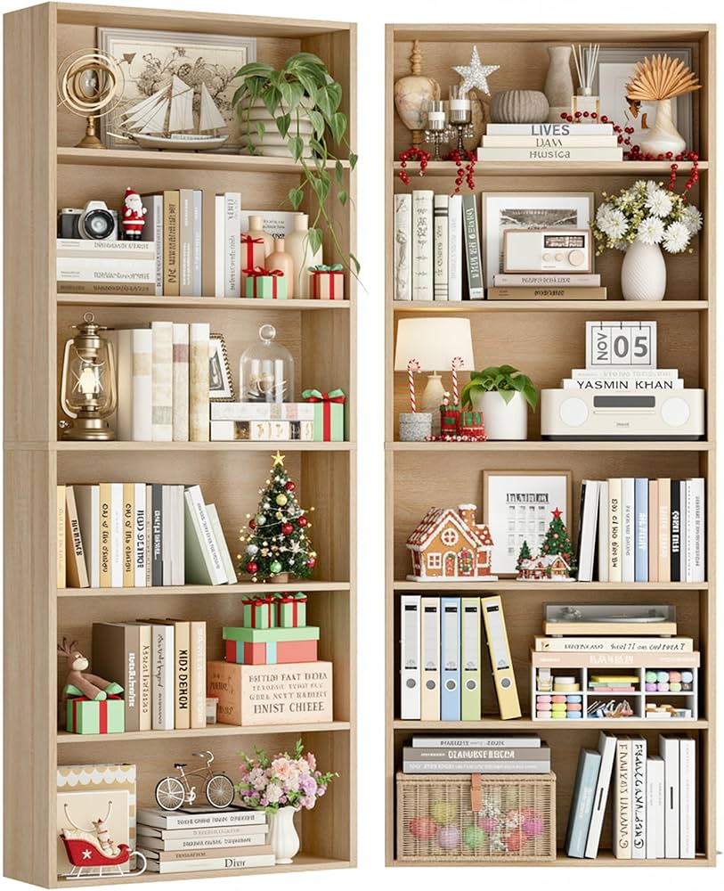 FOTOSOK 70.8" Tall Bookcase Shelf, 6 Tier Wide Bookshelf with Storage, Billy Bookcase Set of 2, Large Bookshelf for Living Room, Home Office,Light Oak