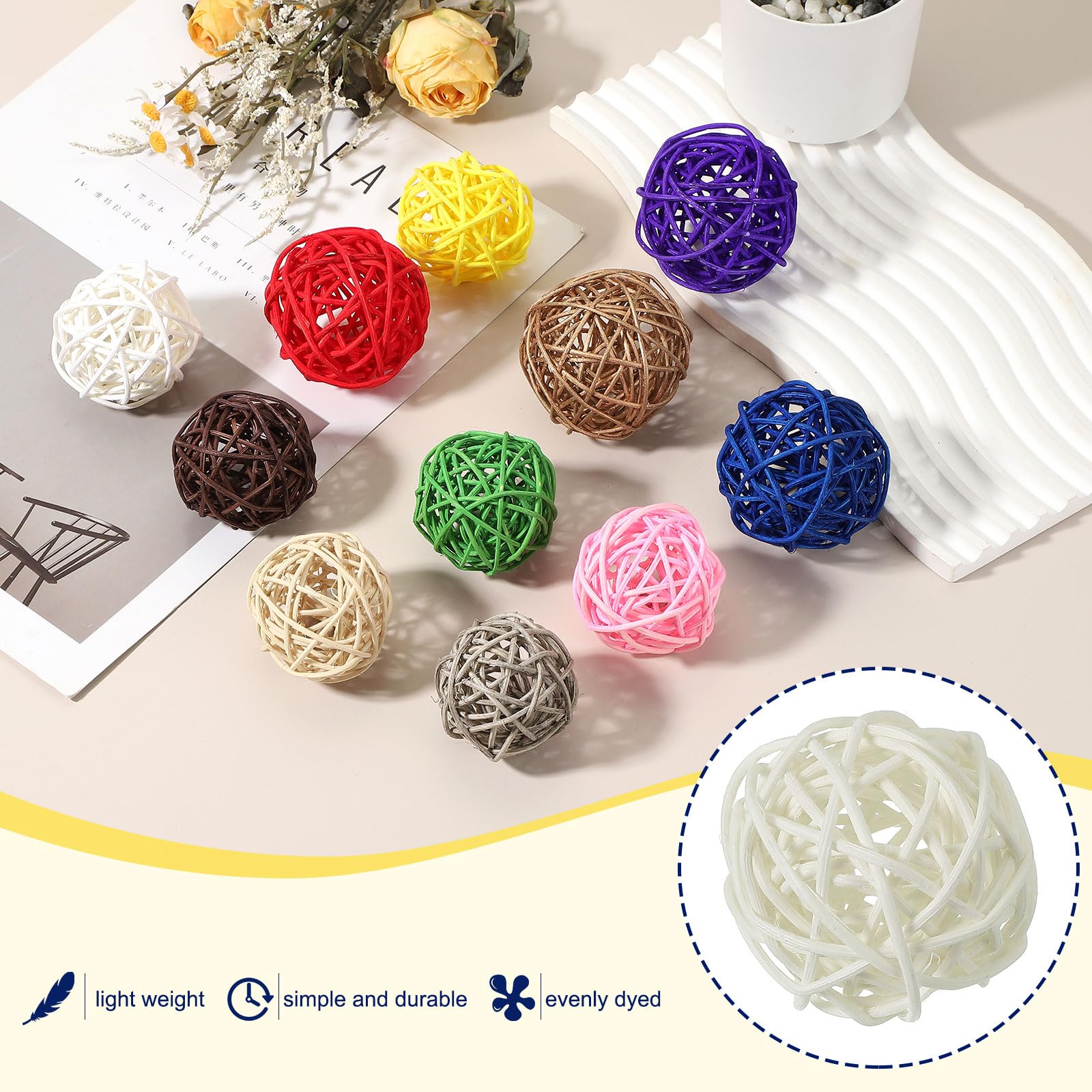 QUARKZMAN 12 Pezzi Pallini di Rattan 2 Pollici (5 cm) Pallini Decorativi in Rattan Riempitivi per Vasi per Centrotavola Matrimoni Feste Decorazioni per la Casa, Bianco