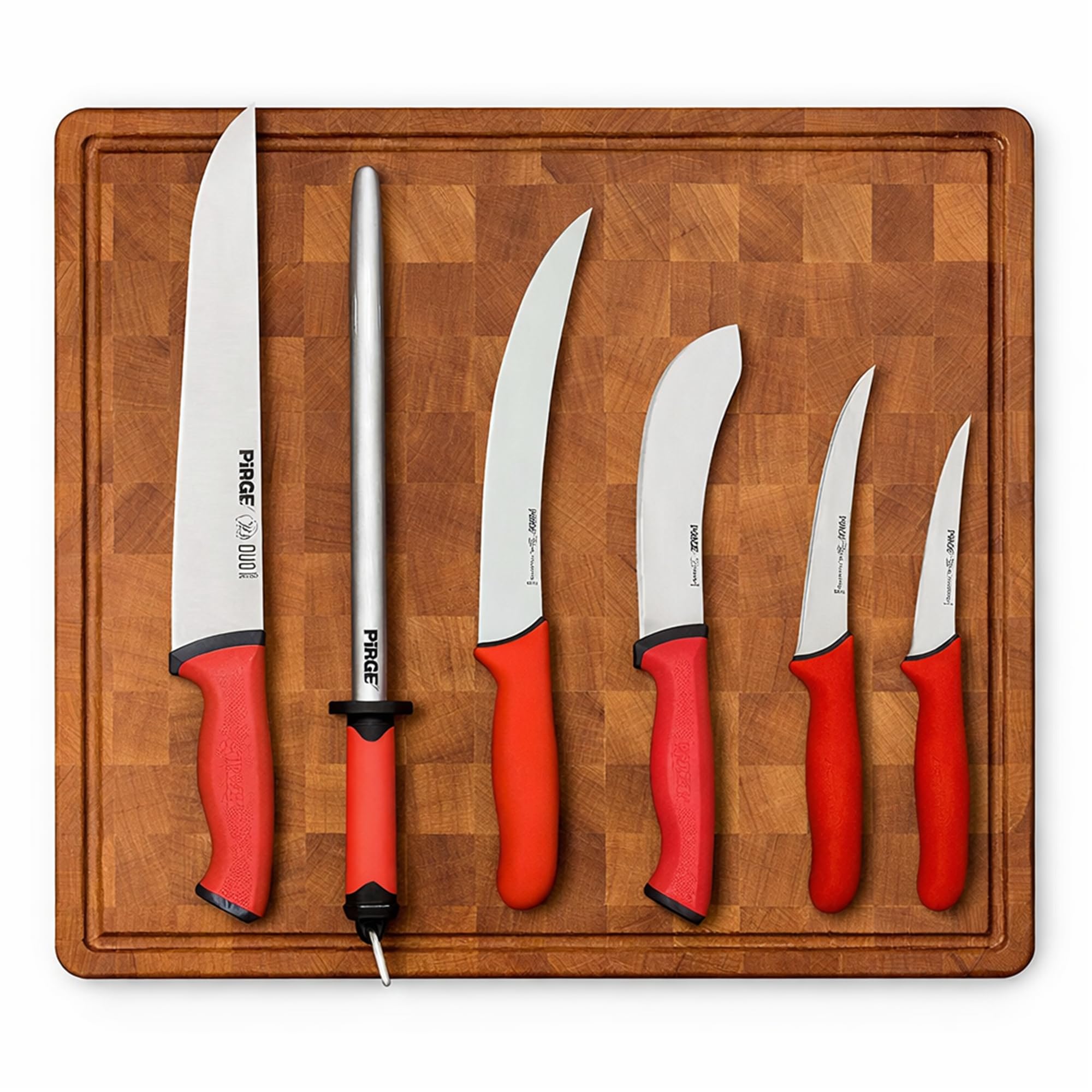 Pirge Set Coltelli da Macellaio 5 Pezzi - Macellaio 25cm, Disosso 21/13cm, Scuoiatura 15cm, Acciaino 25cm - Professionale