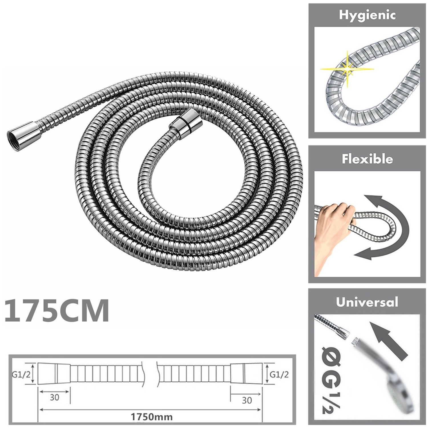 Alcachofa de ducha redonda de acero inoxidable de 20,3 cm con soporte en la pared de IceMoon, brazo de ducha, manguera doble de acero inoxidable de 1,75 m, cinta de teflón incluida, acabado cromado