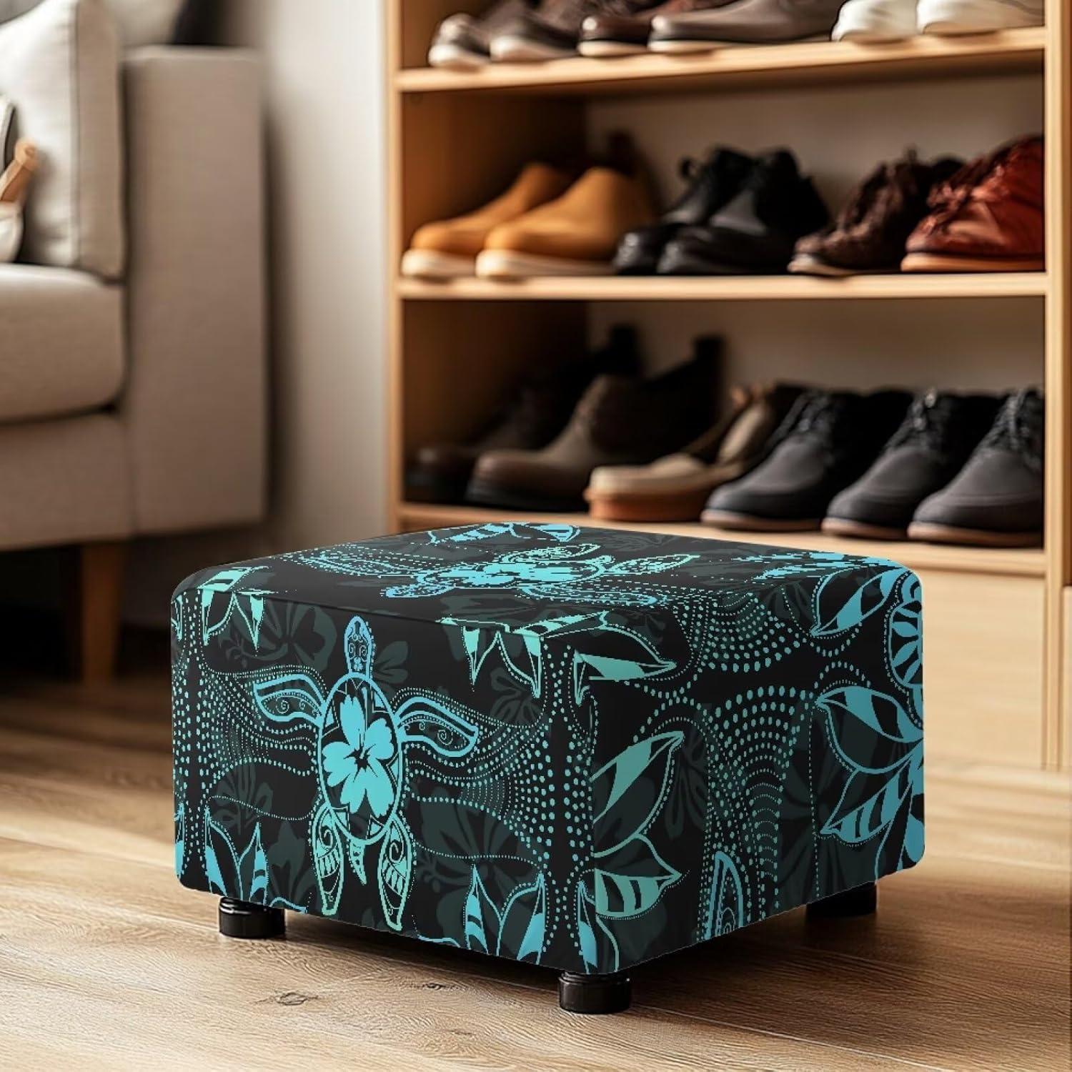 Talayituse Turtle Hibiscus Print Ottoman Cover Stretch Ottoman Slipcovers Rectangle Folding Storage Stool Cover Sofa Footstool with Elastic Bottom for Living Room Ottoman Foot Rest Protect Cover, S