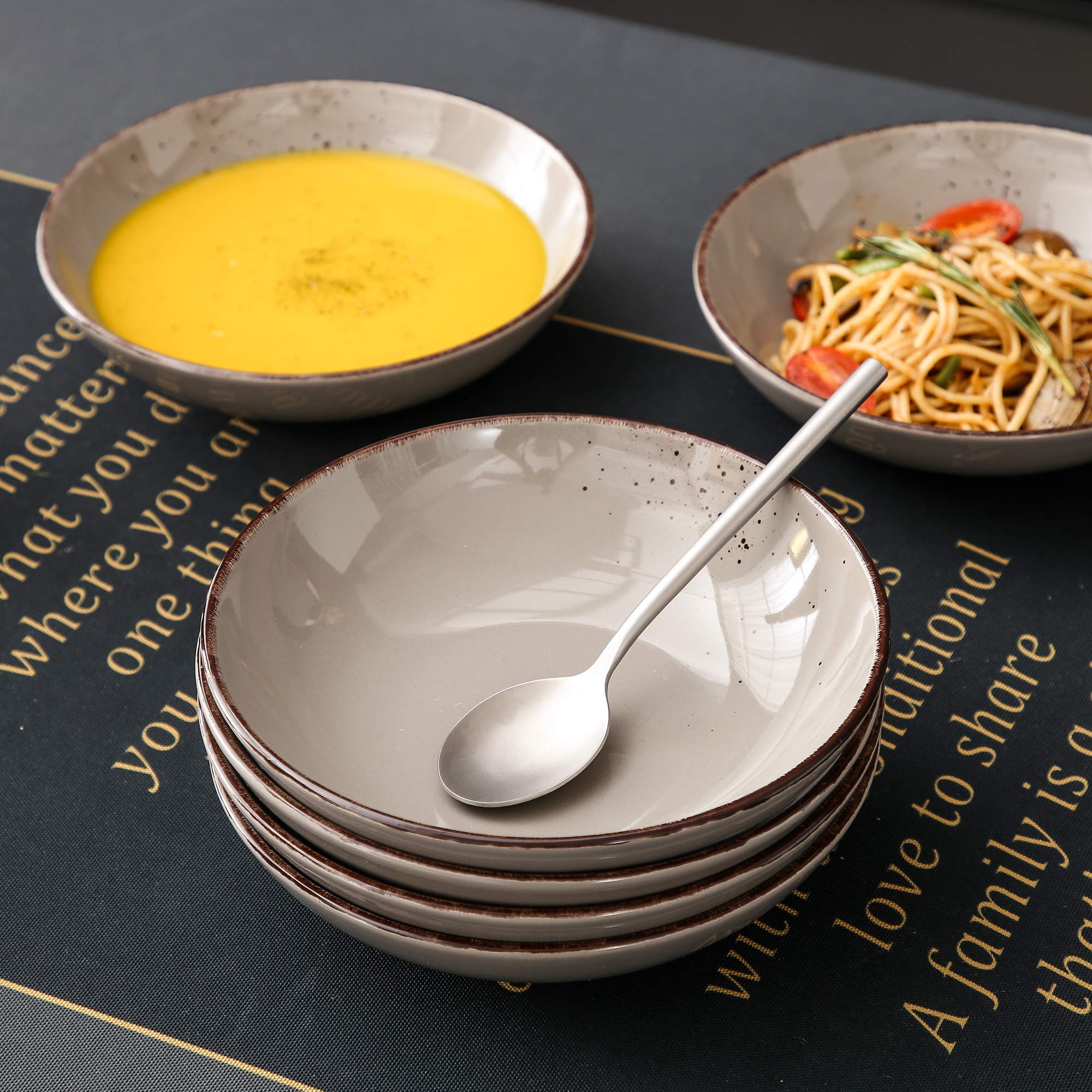 vancasso serie NAVIA Set 12 Platos Hondos, 20,3 x 5,3 cm Juego de Platos Sopa para 12 Personas, Set Platos de Ensalada de Gres Vintage, Apto para Lavavajillas, Microondas y Horno, 900 ml, Gres