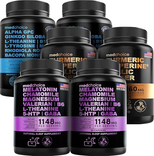 MEDCHOICE Paquete de suplemento de melatonina para dormir (180 ct), cúrcuma y jengibre (240 quilates) y cerebro nootrópico (120 unidades) Trío de