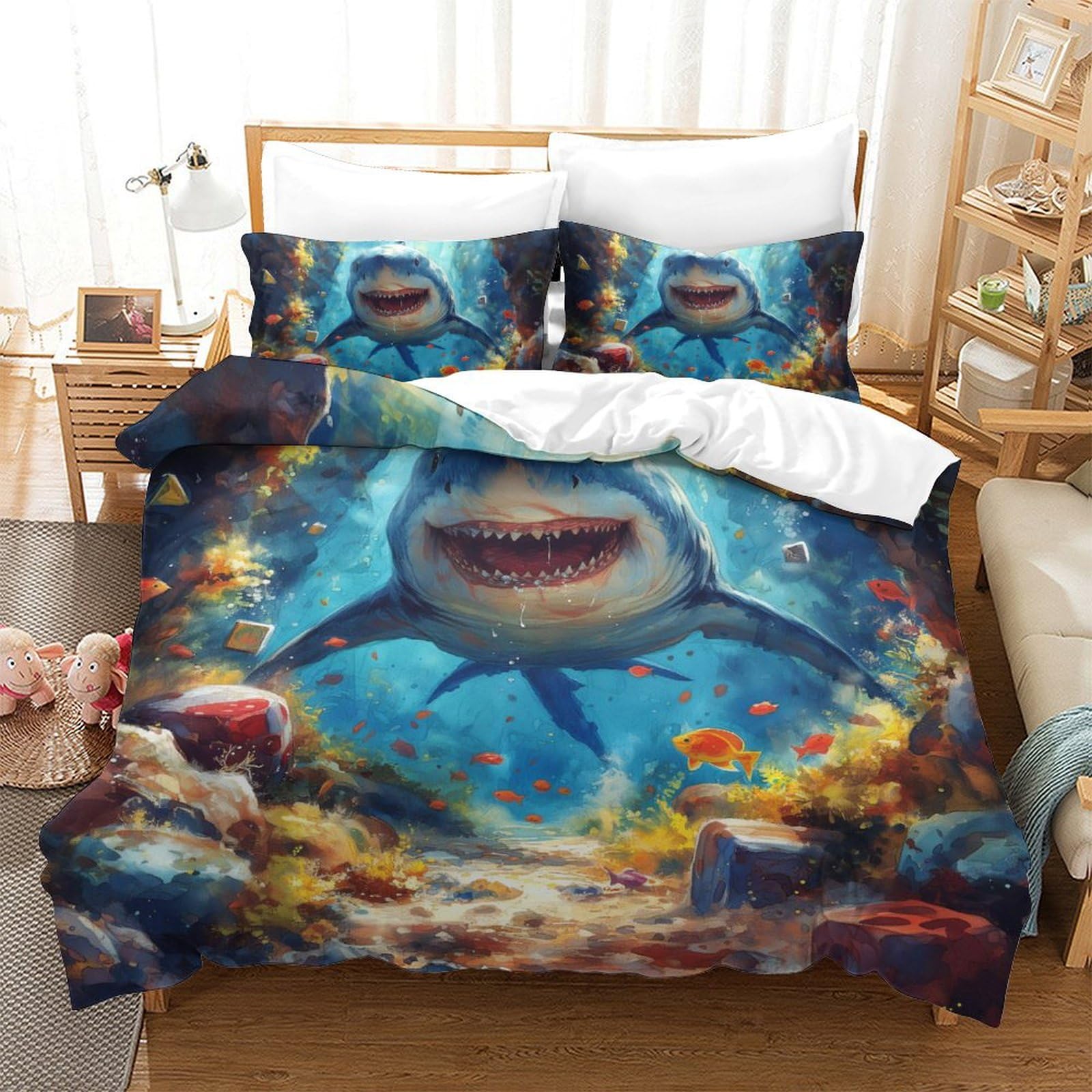 Parure de lit grand requin blanc en microfibre 200x200cm avec housse de couette 3 pièces