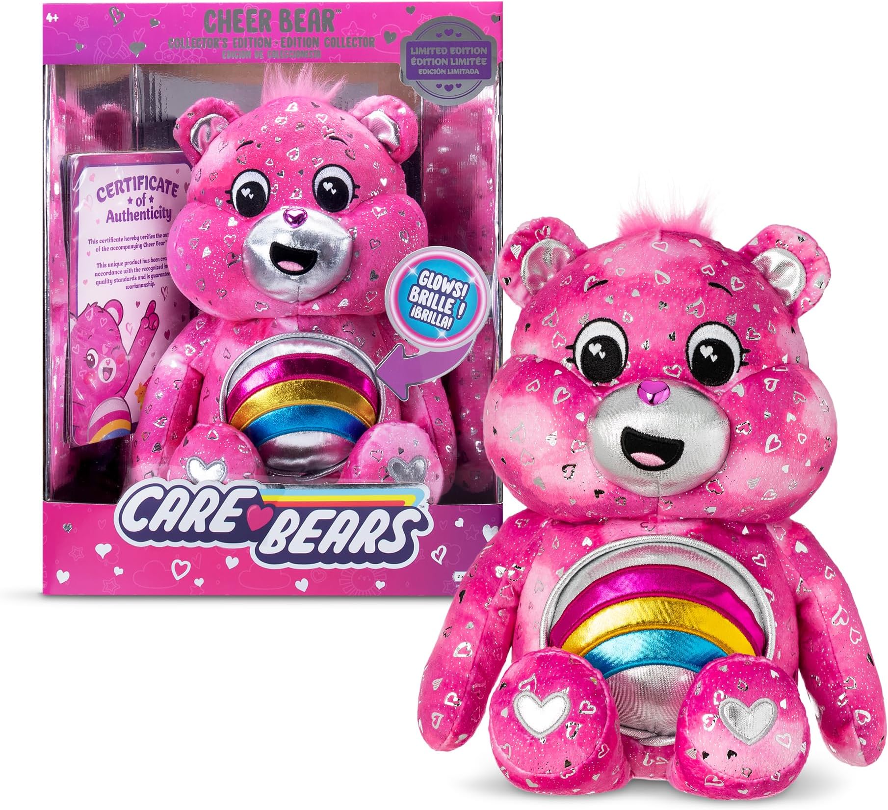 Basic Fun Care Bears Cheer Bear Collector Edition: 35cm Care Bears Plush Toy with Light-Up Shiny Belly Badge, Heart-Patterned Fur, Perfect for Collectors & Snuggles : Amazon.co.uk: Toys & Games