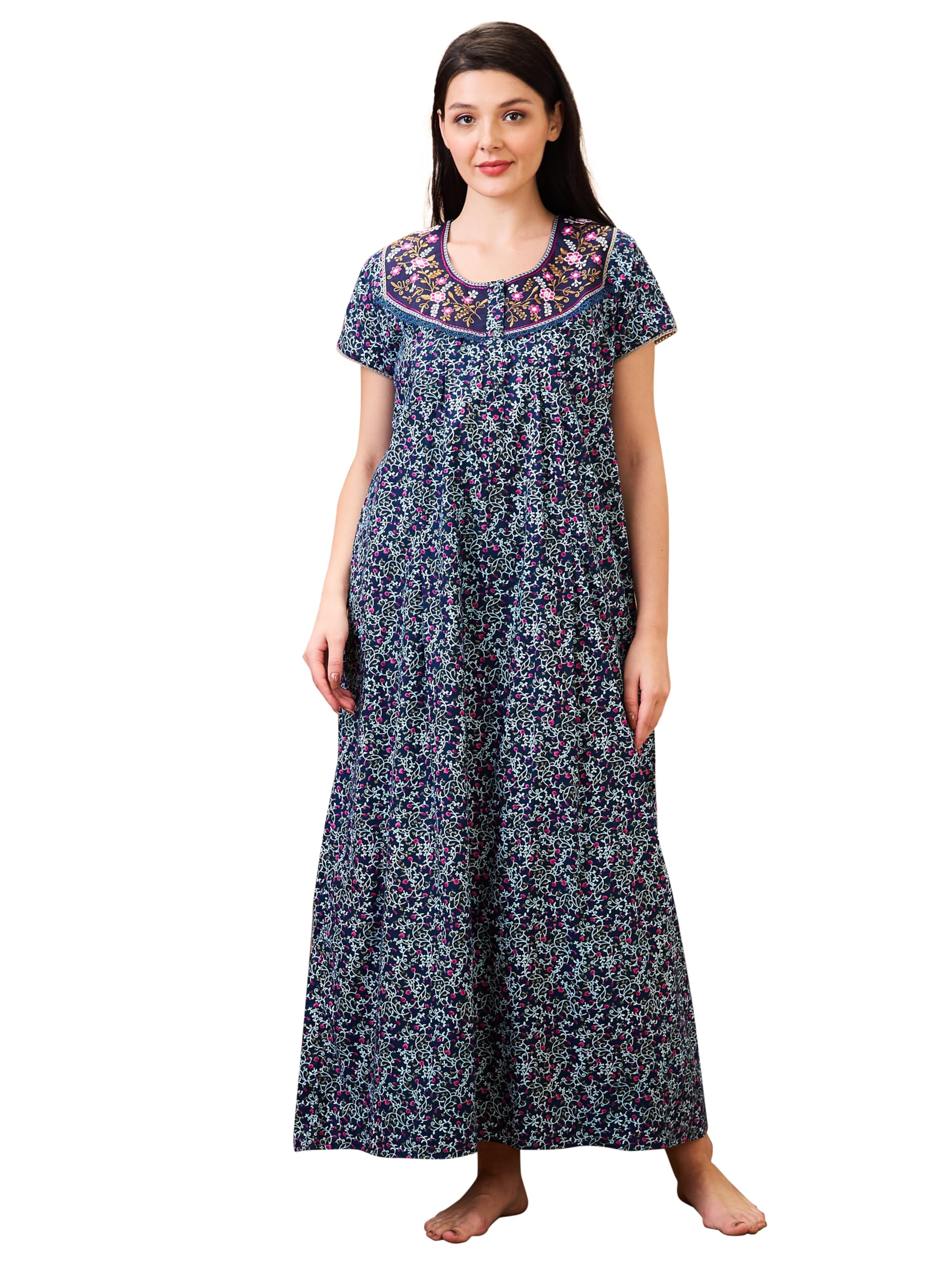 Women Printed Cotton Maxi Nightwear Nighty|Womens Nightwear 7256-image-9