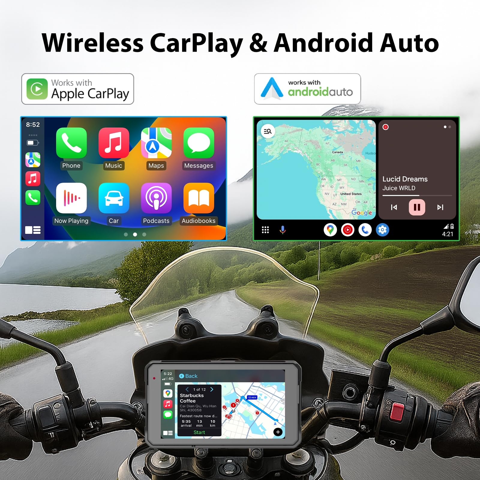 Sunweyer 5-Zoll Motorrad-Touchscreen, Tragbares Navigationsgerät mit Kabellosem CarPlay & Android Auto, GPS-Navigation, Dual-Bluetooth, IP68 Wasserdicht