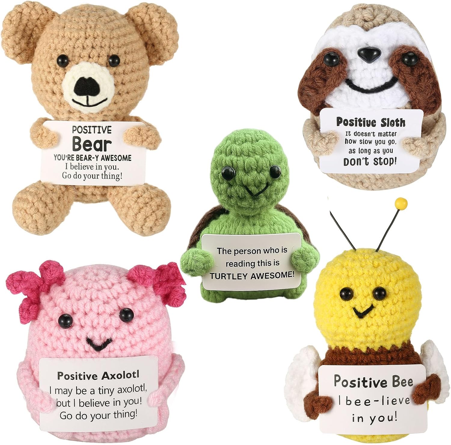 VZZNN 5PCS Positive Crochet Animal Gifts - Inspirational Emotional Support Crochet Animals Handmade Funny Sloth Motivational Knitted Gifts for Women, Men, Birthday, Christmas, Encouragement