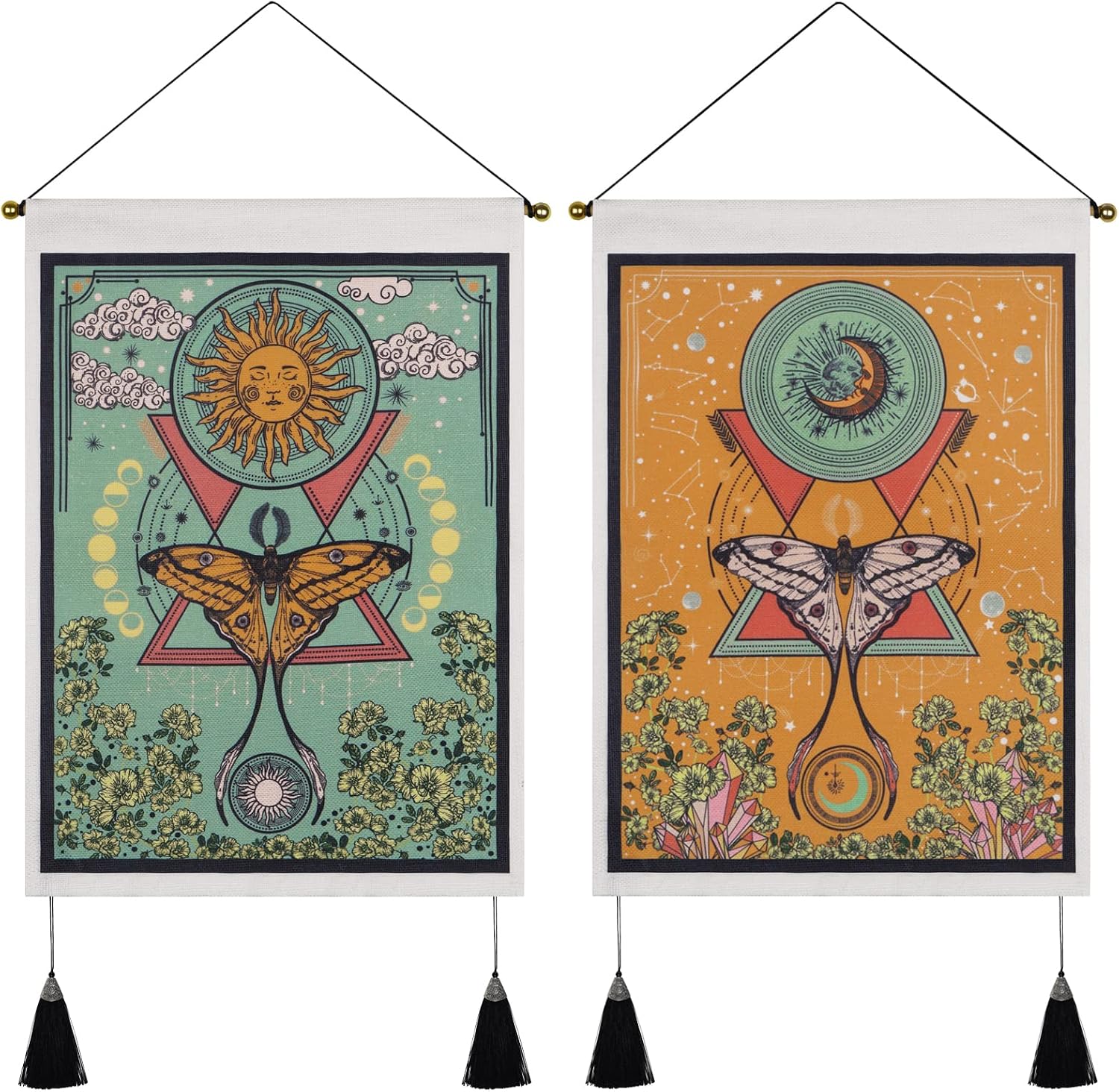 Lyacmy Pack of 2 Tapestry Sun and Moon Tapestry Moth Tapestries Orange and Green Tapestry Flower Vine Tapestry Wall Hanging for Room (13.8 x 19.7 inches)