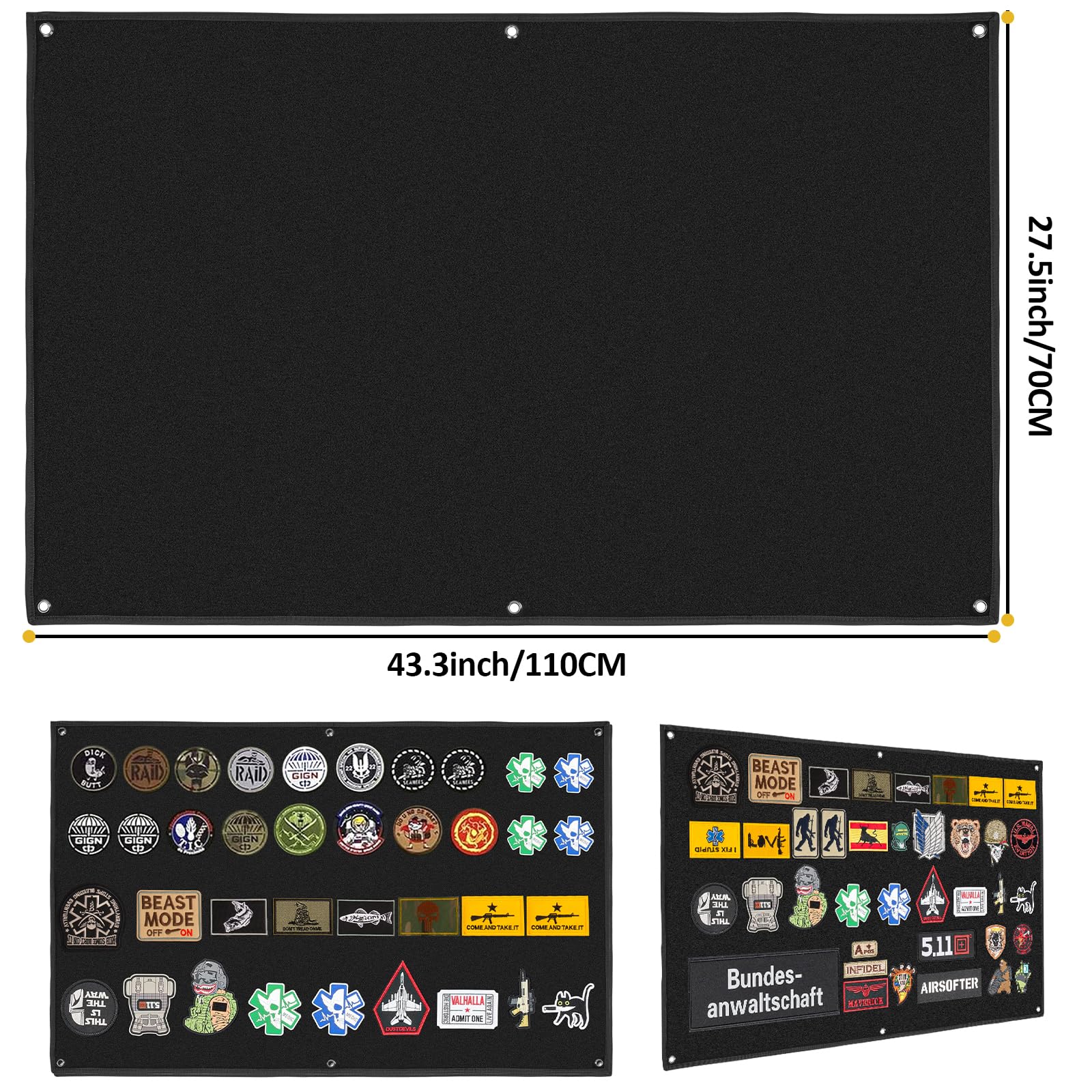 110 * 70cm Panneau de Brassage Tactique Militaire ZCXG Tableau d’écussons tactiques pour militaires avec bande,Avec œillets - Noir