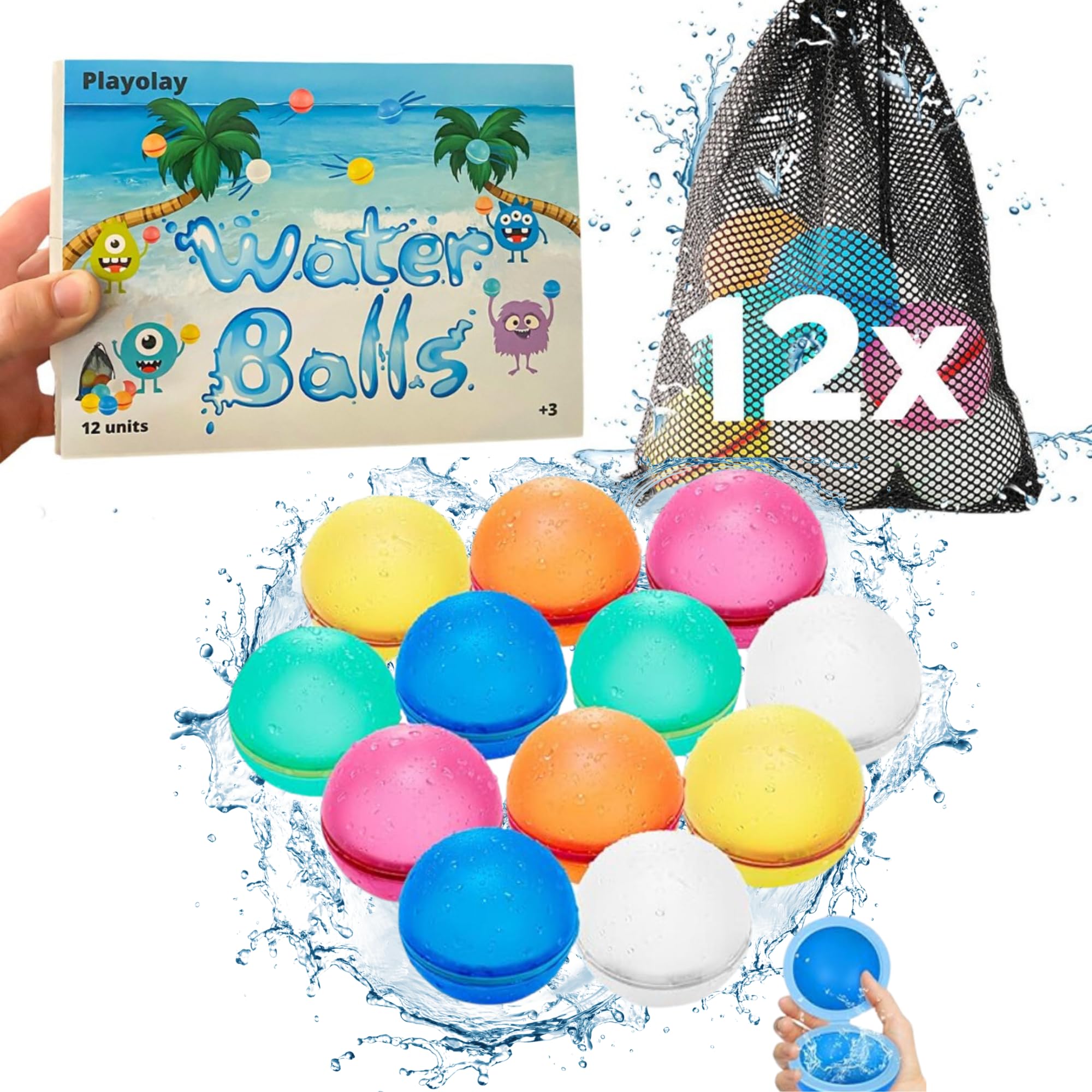Playolay- Globos de Agua Reutilizables de Silicona-12 bolas de agua magnéticas y Bolsa para Transportar- Juegos de verano para niños y adultos, apto para piscina, playa,y fiestas acuáticas