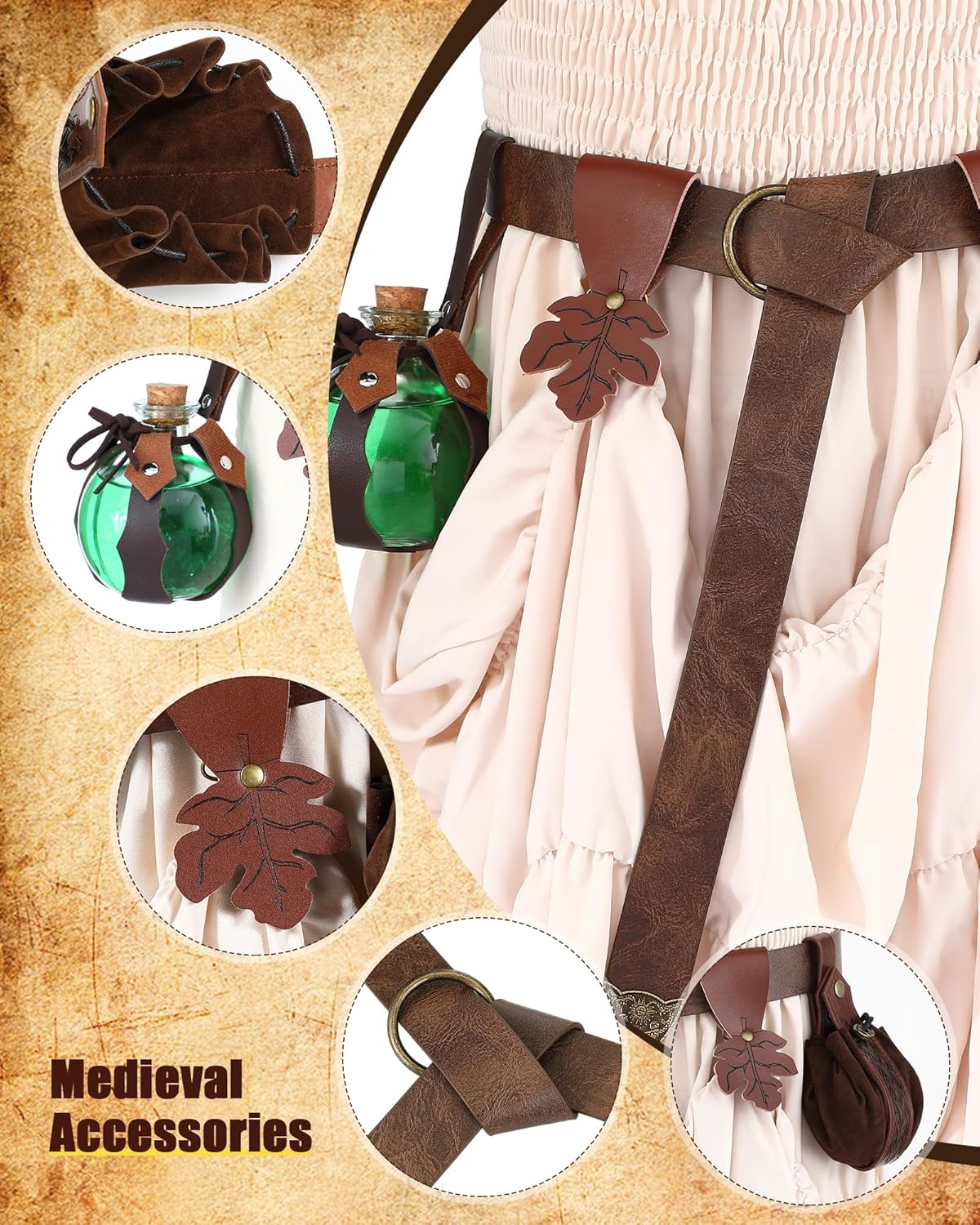Sweetude 6 Pcs Renaissance Belt Accessories Medieval Viking Belt Potion Bottles Leather Pouch Skirt Hikes - Image 3