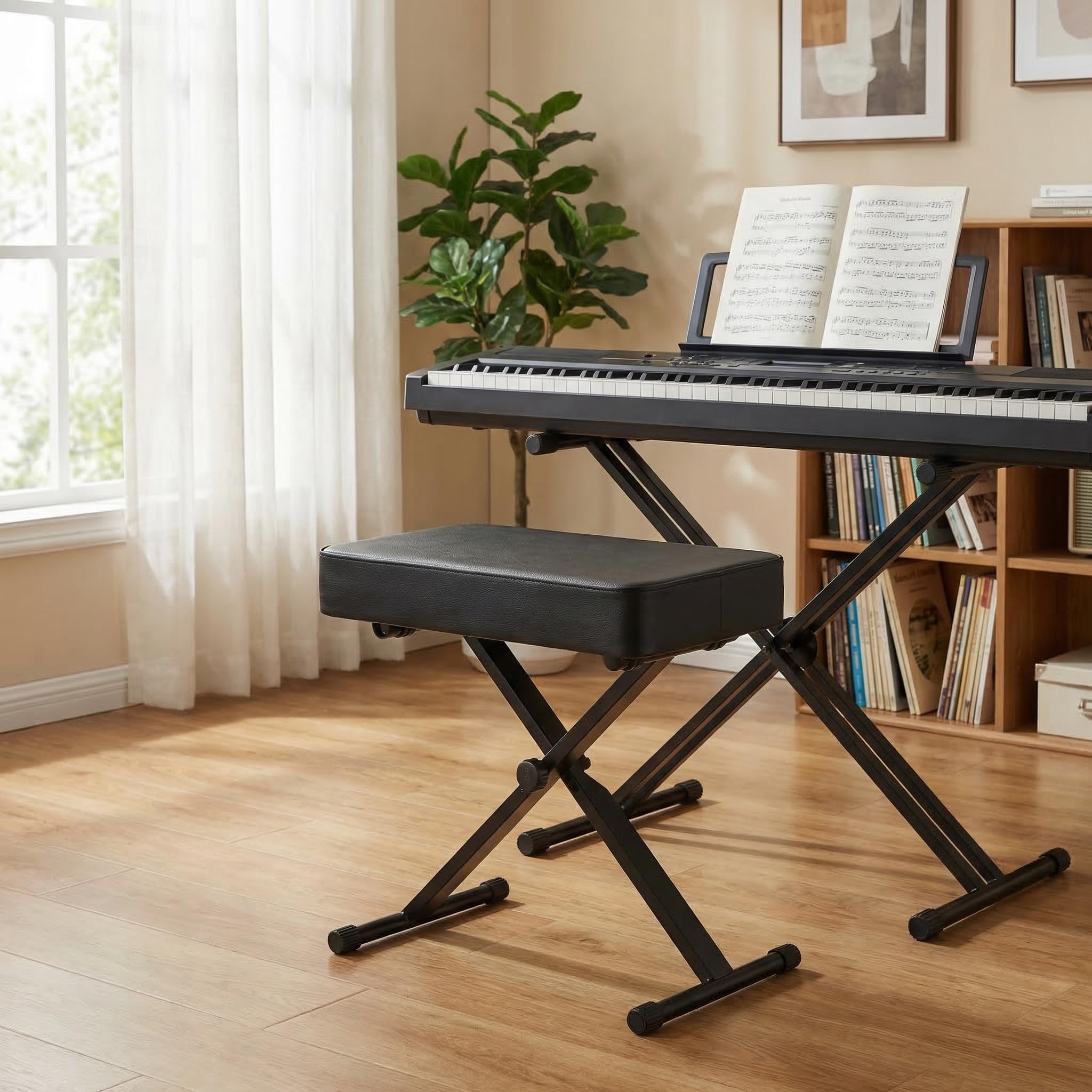 Clevich Verstellbarer Klavierhocker 50-52-54-56CM, X-förmiger Keyboard Hocker Klappbare, Verdicktem 8CM PU-Kissen, Klavierstuhl Hocker -für Piano Keyboard Tisch in Schwarz