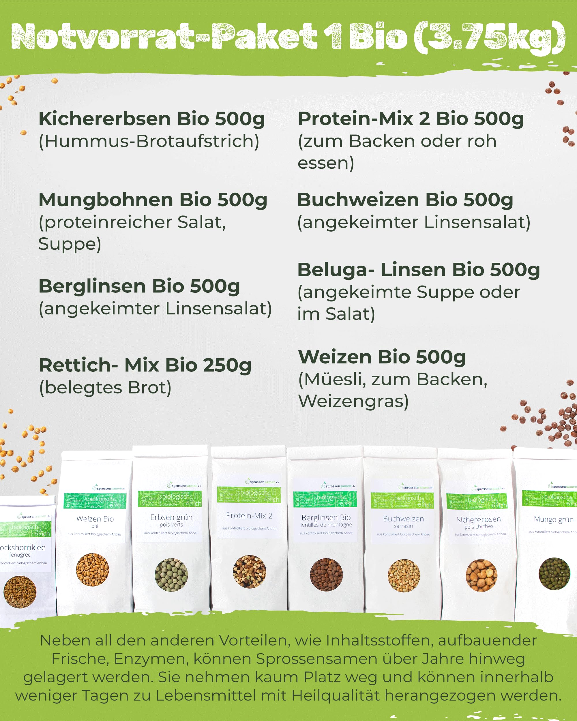 Set di semi di emergenza biologici, 3,75 kg, per vetro germinale, ceci biologici, fagioli di montagna, lenti di montagna, ravanello, mix di proteine, grano saraceno, lenticchie beluga