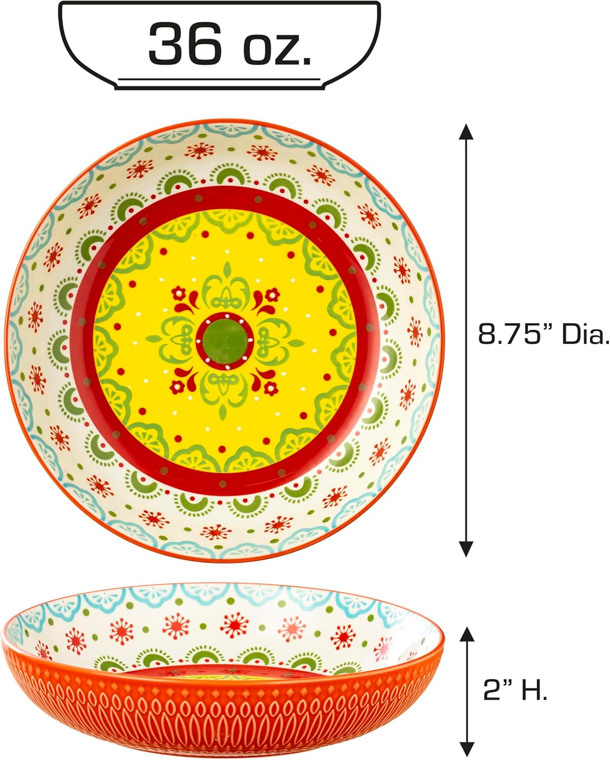 Signature Housewares Morocco 36 OZ Shallow Dinner Bowls/Deep Plates Perfect for Spaghetti and Salads - Set of 4 - Large Ceramic Bowls - Colorful Handpainted Pasta Bowls -