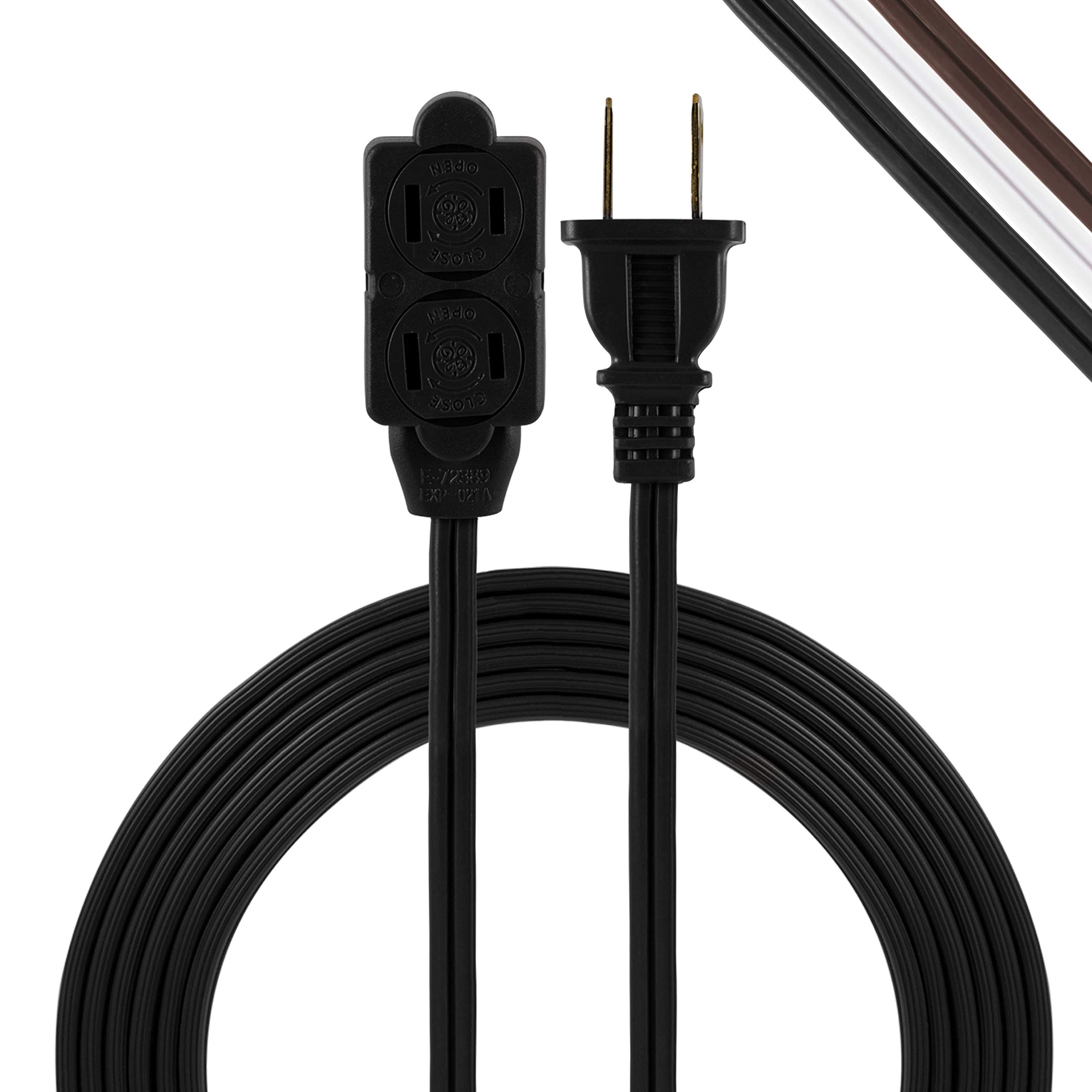 ge 3-outlet power strip, 9 ft extension cord, 2 prong, 16 gauge, twist-to-close safety outlet covers, indoor rated, perfect for home, office or kitchen, ul listed, black, 45149