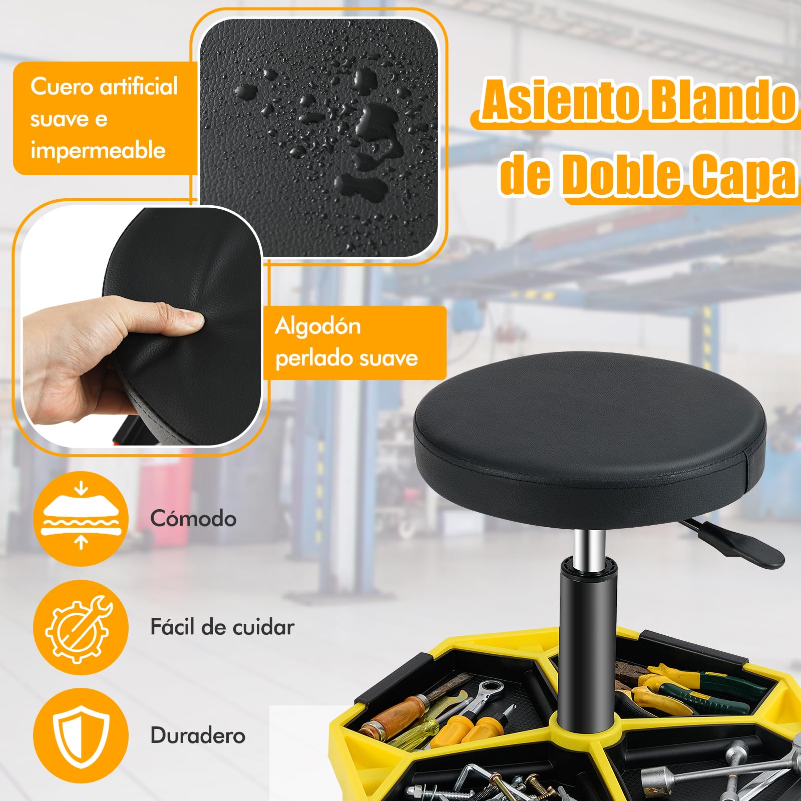 GOPLUS Taburete de Mecánico con 4 Ruedas, Taburete de Taller con Bandeja de Herramientas, Carga 150 kg, 50,5 x 50,5 x 41-55 cm, Ajustable, Asiento Mantenimiento para Coches Garaje (Negro + Amarillo)