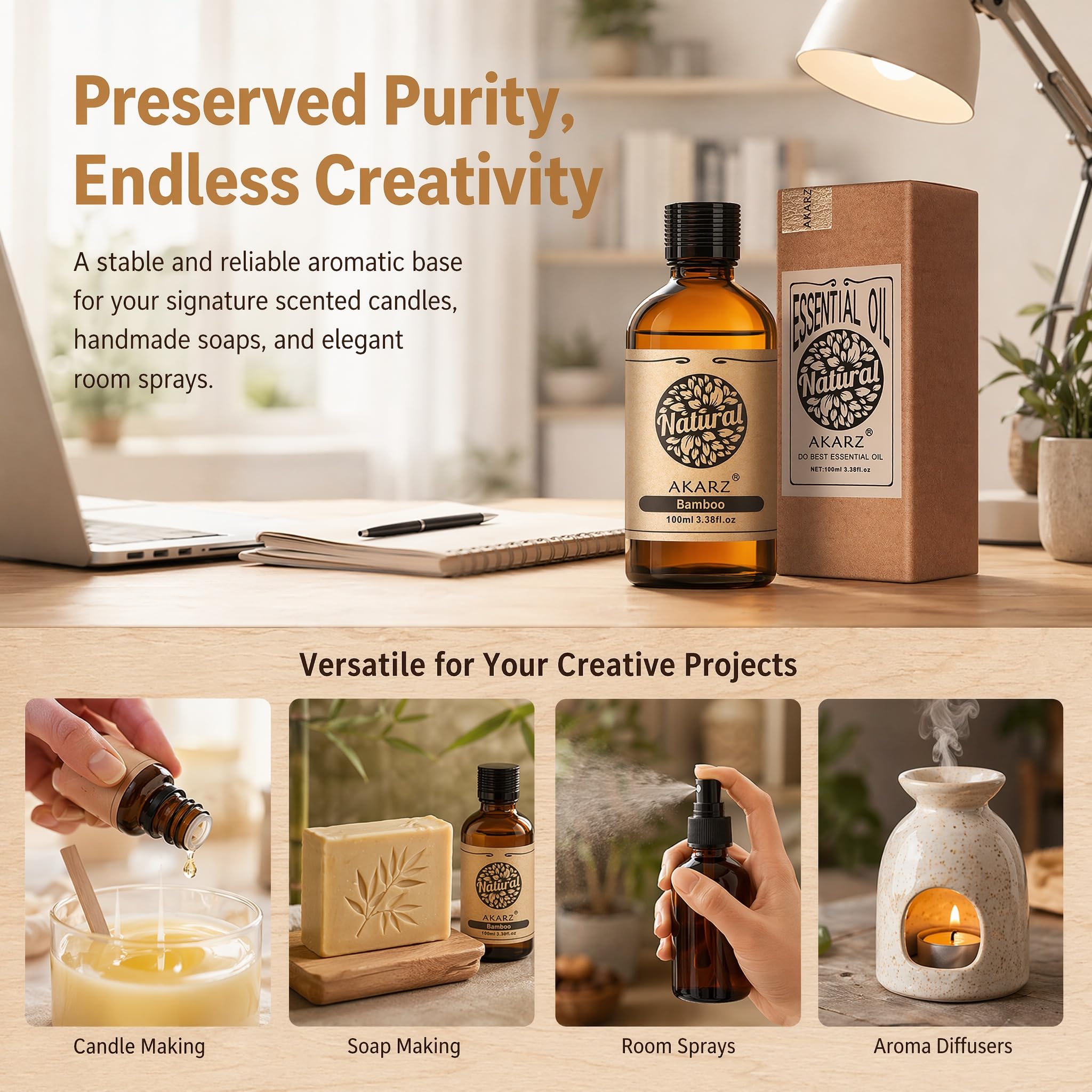AKARZ 100ml Olejek esencjny z Bambusa - Naturalny olejek aromatyczny do dyfuzorów, lamp aromatycznych i aromatów pomieszczeń