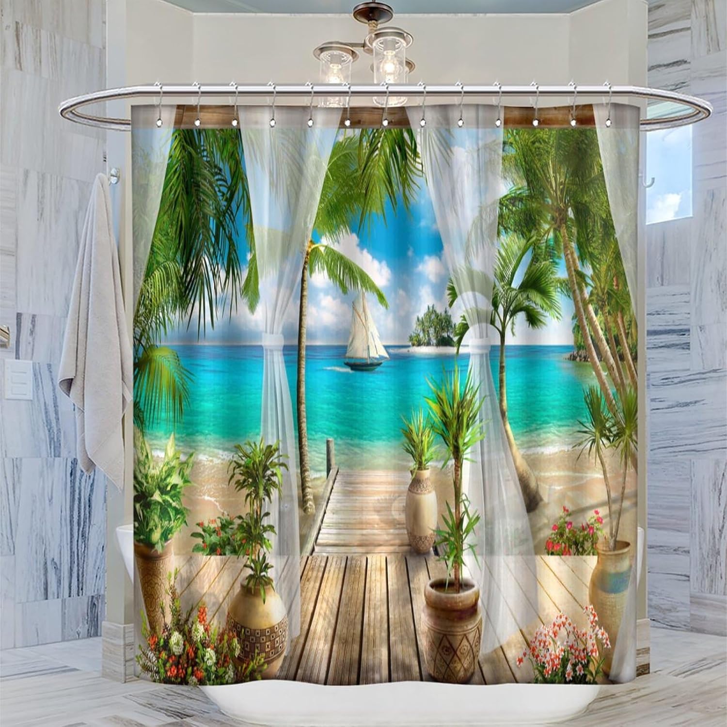 Mediterranean Style Shower Curtain Beautiful Seaside Beach Scenery Garden Tropical Palm Tree Print Bathroom Shower Curtain with 12 Hooks72x72inch(183x183cm)