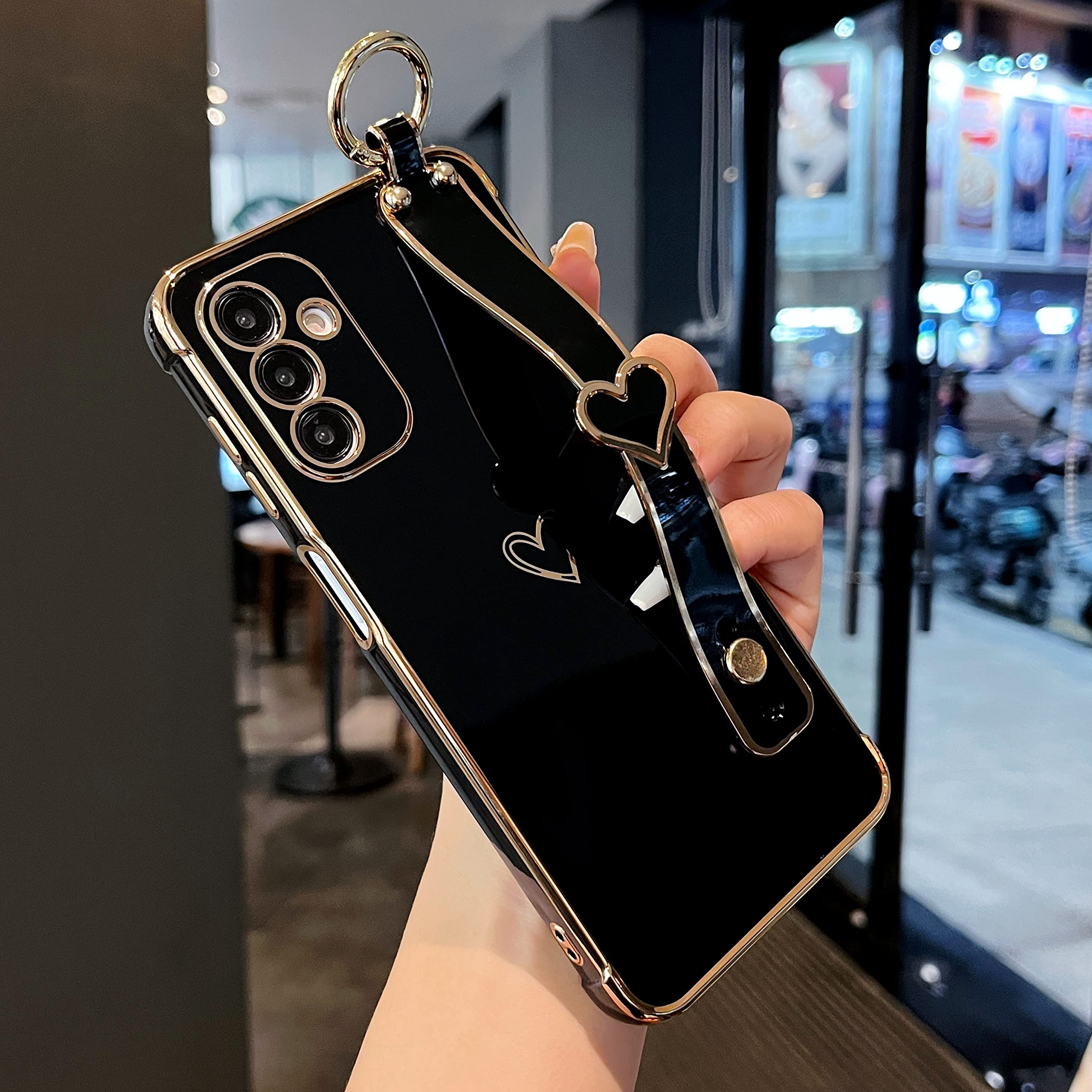 ZTOFERA for Samsung Galaxy A13 5G Case with Wrist Strap,Luxury Cute Plating Edge Love Hearts Pattern for Girls Women, Finger Holder Kickstand Soft