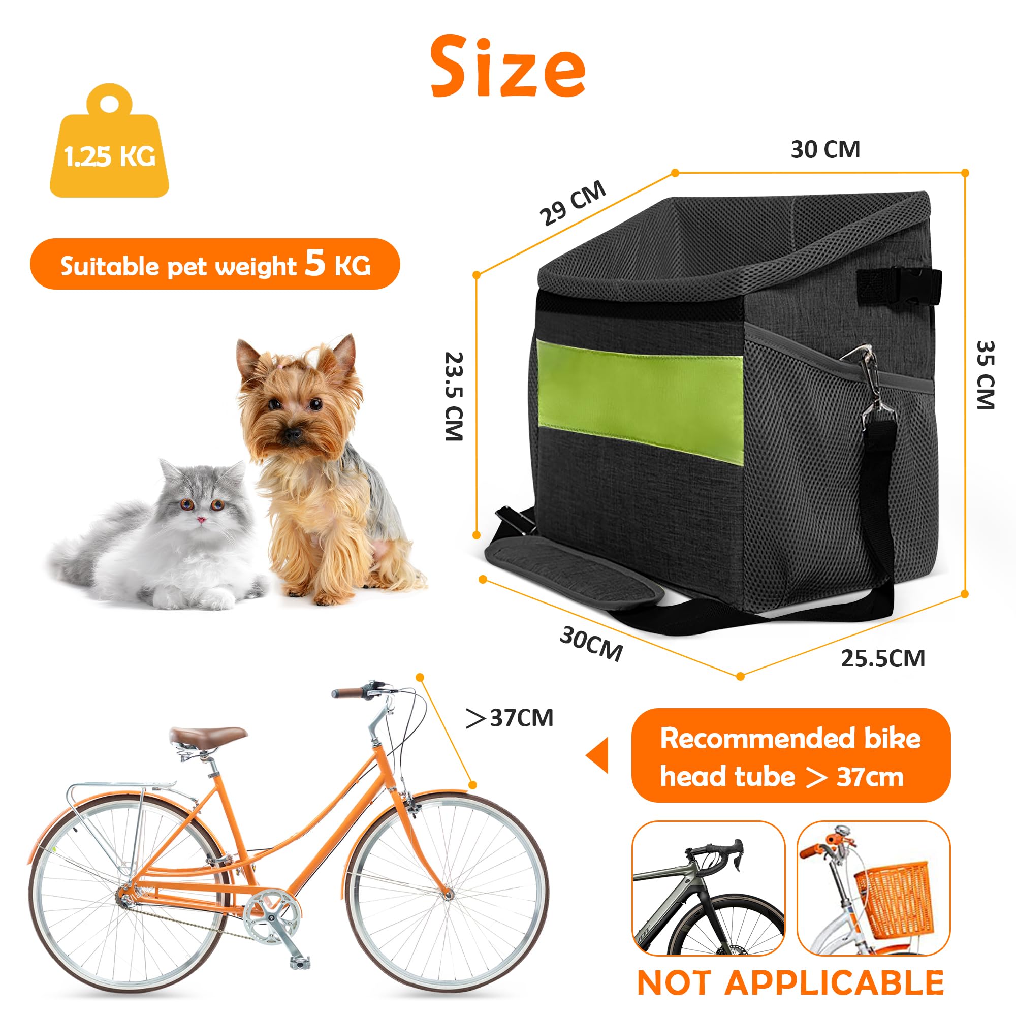 ALLSOPETS Cestino per Bicicletta Animale Domestico, Cestino Anteriore Bici Staccabile per Cane, Staccabile Borsa da Bicicletta per Cani, Pieghevole Cestino per Bici con Tasche Portaoggetti Nero