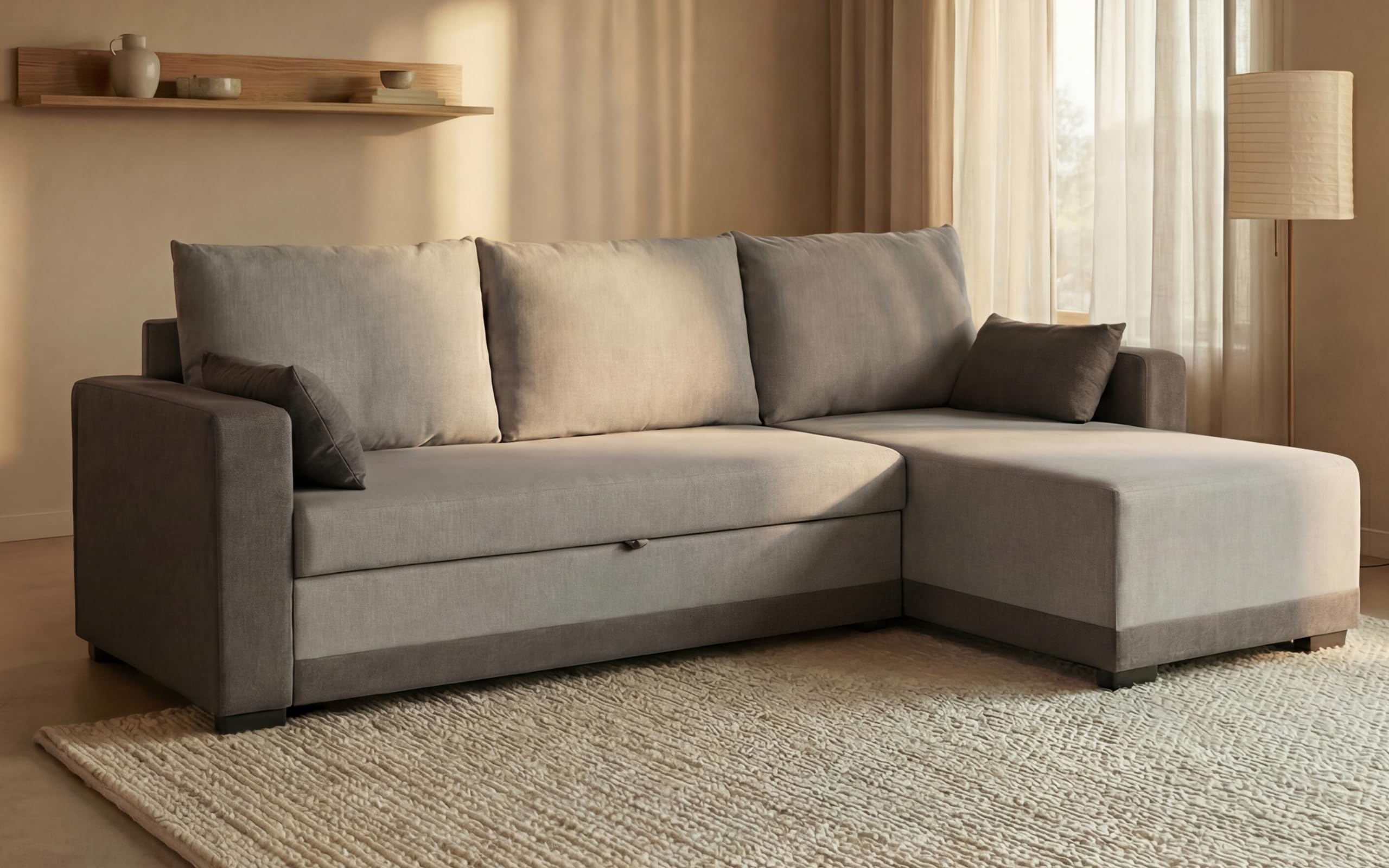 BUDWING Leah, Ecksofa mit Schlaffunktion Zweifarbig Grau – 4-Sitzer – Reversible Chaiselongue, 2 Dekokissen – Polyesterstoff – Modernes Design – 233 cm (Breite) x 124 cm (Tiefe) x 69 cm (Höhe)