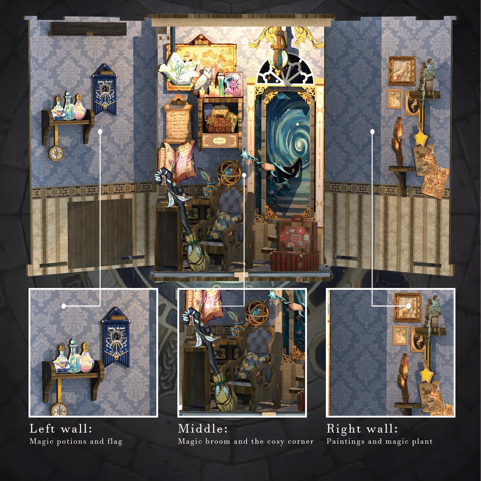 Cutefun Book Nook Kit - Diorama-Modellbaukästen Holz - DIY Miniatur Bücherecke Bibliothek Häuser - Modellbausätze mit LED Leuchten Bücherregal Dekor (Soul Travel Agency)