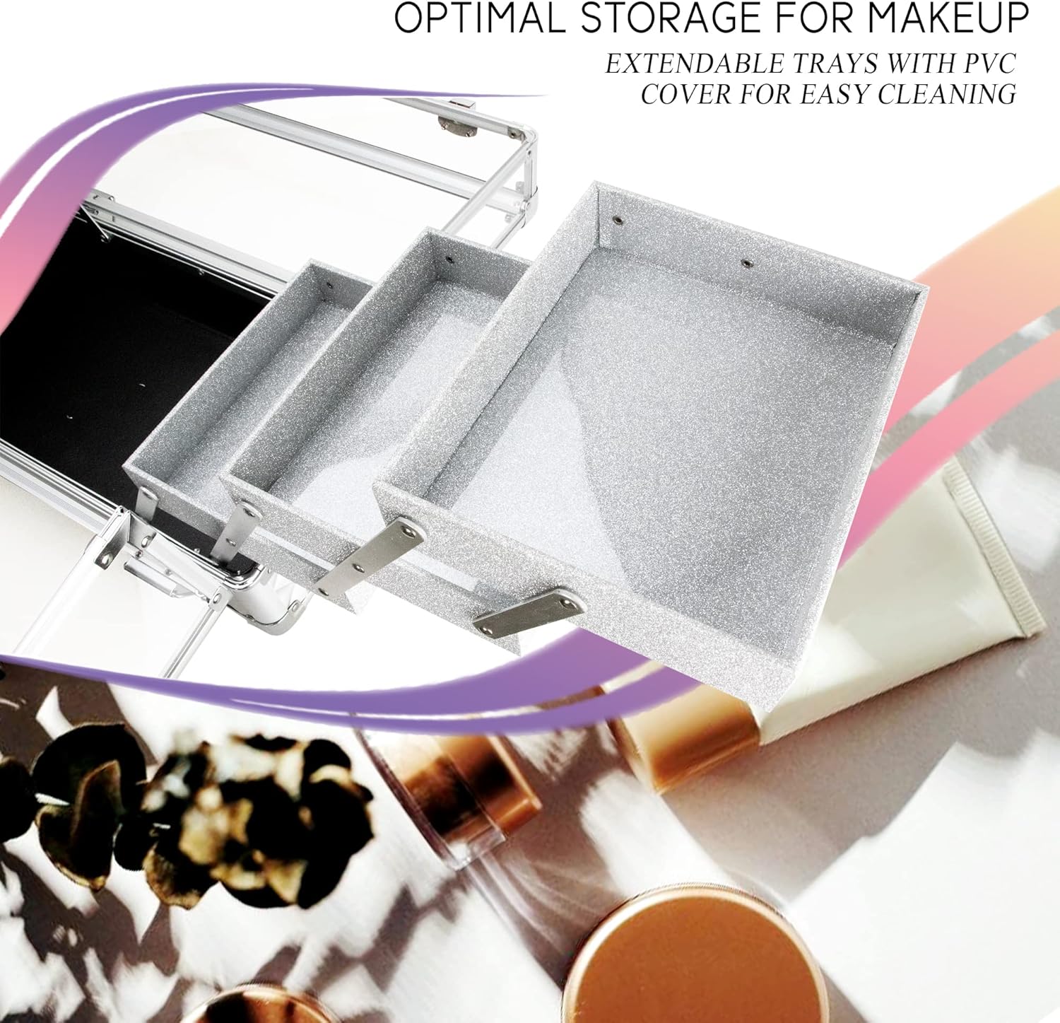 Ver Beauty Makeup Train Case 14 inch Armored Acrylic Large Portable Cosmetic Case 6 Trays Professional Storage Organizer Box for Make Up Artist Jewelry Nail Kits Crafts Display Brush Holder - Silver