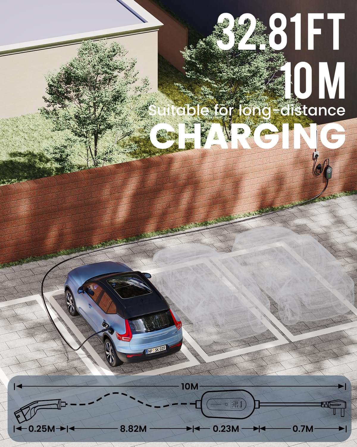 EzGoGo EV Charger 3 Pin Plug 32.81Ft/10M Type 2 Charging Cable 3kW, [6/8/10/13A] Electric Car Charger IP65 Advanced Protection car charging cable Suitable for EVs & PHEVs — view 3
