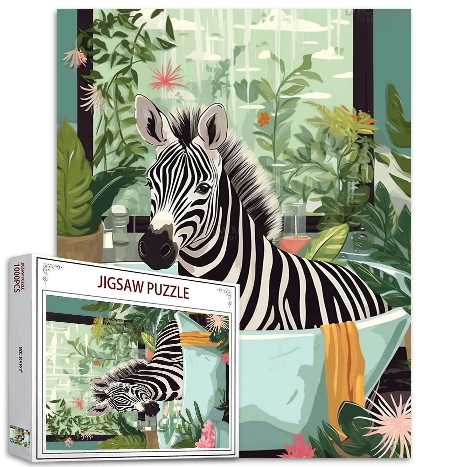 Tucocoo Zebra Bathtub Jungle Jigsaw Puzzles for Adults 1000 Pieces, Funny Bathroom Animal Art Jigsaw Puzzle Colorful DIY Puzzles for Home Decoration, Family Puzzle Perfect for Game Nights 27x20 Inch